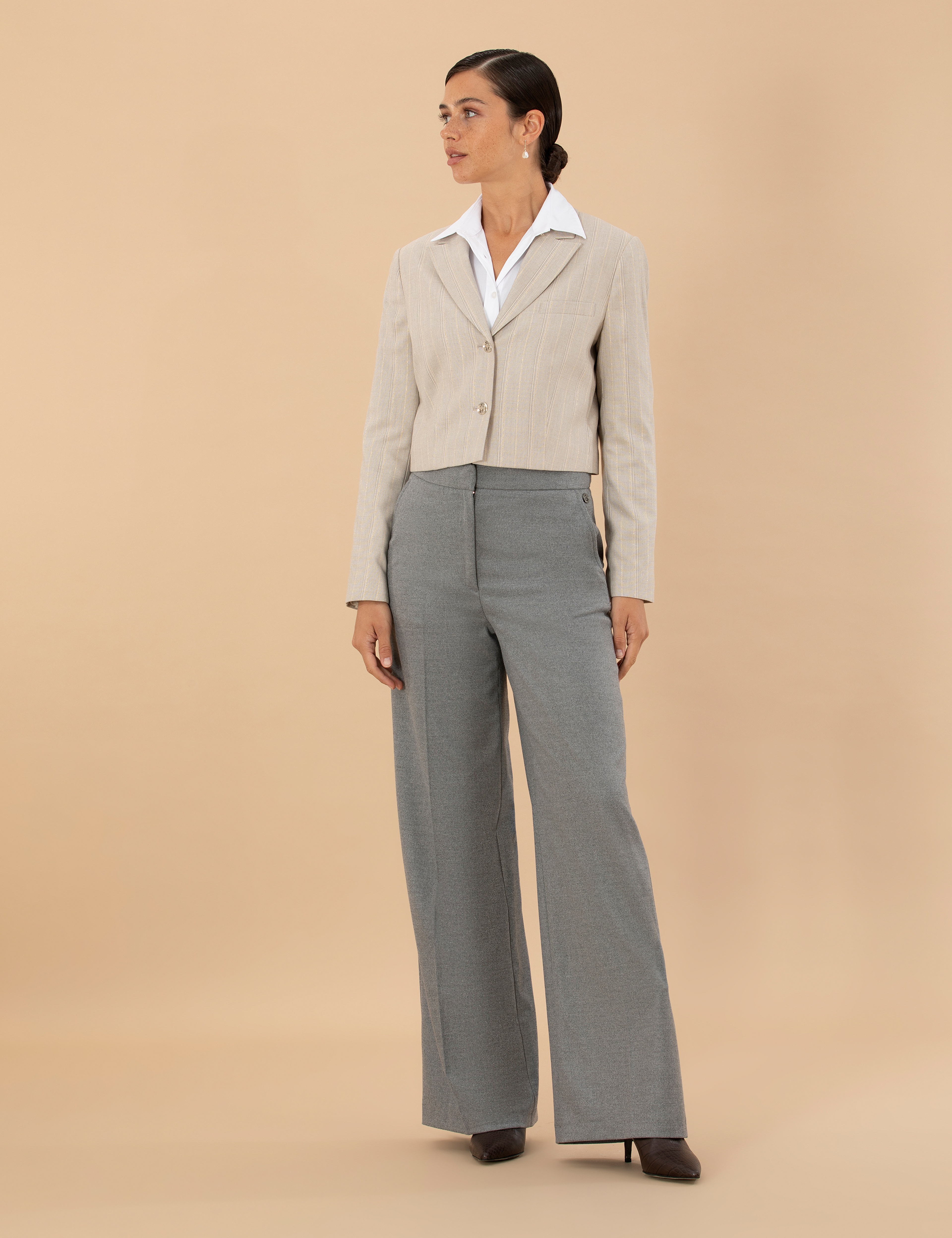 Bej Çizgili Crop Ceket - Image 4