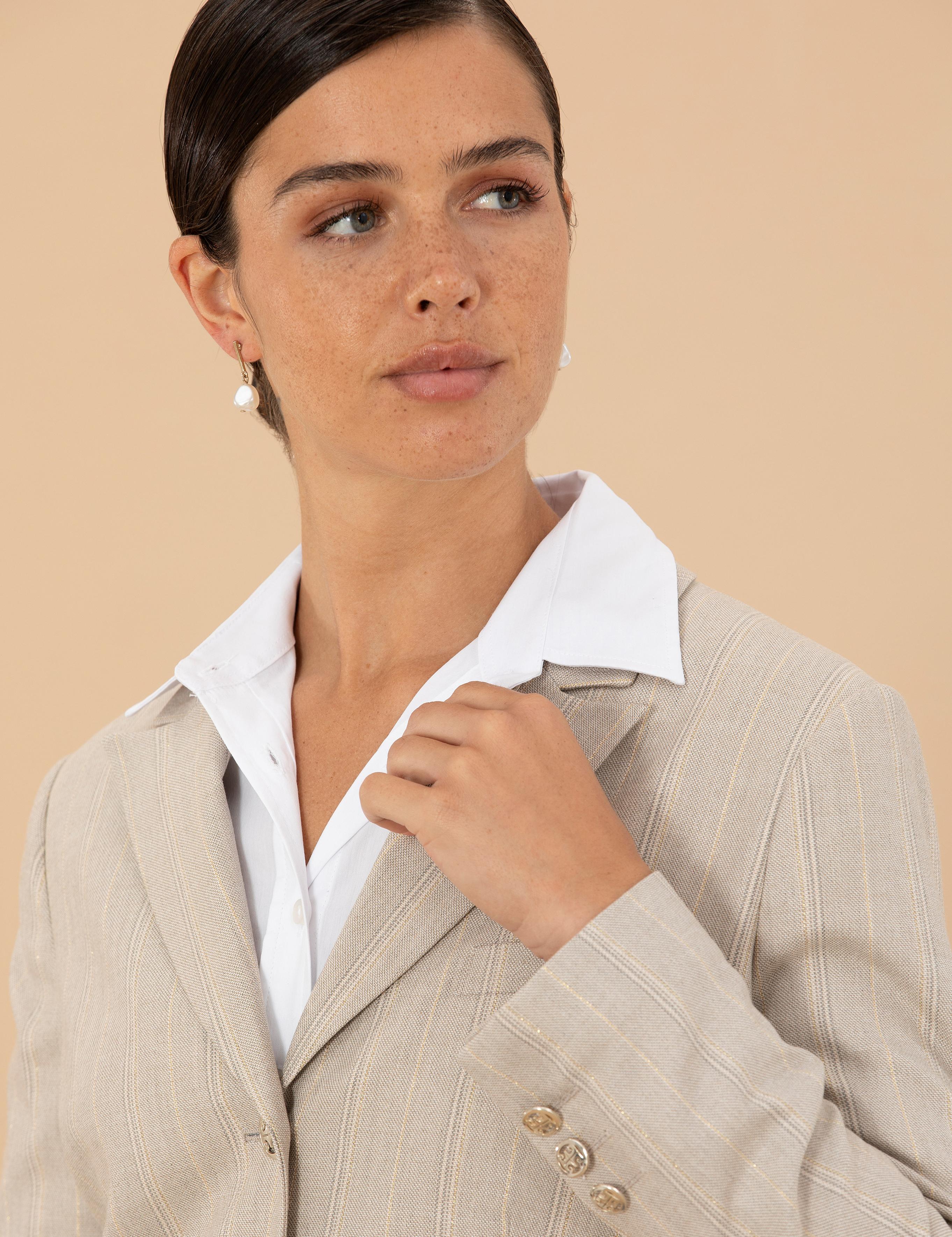 Bej Çizgili Crop Ceket