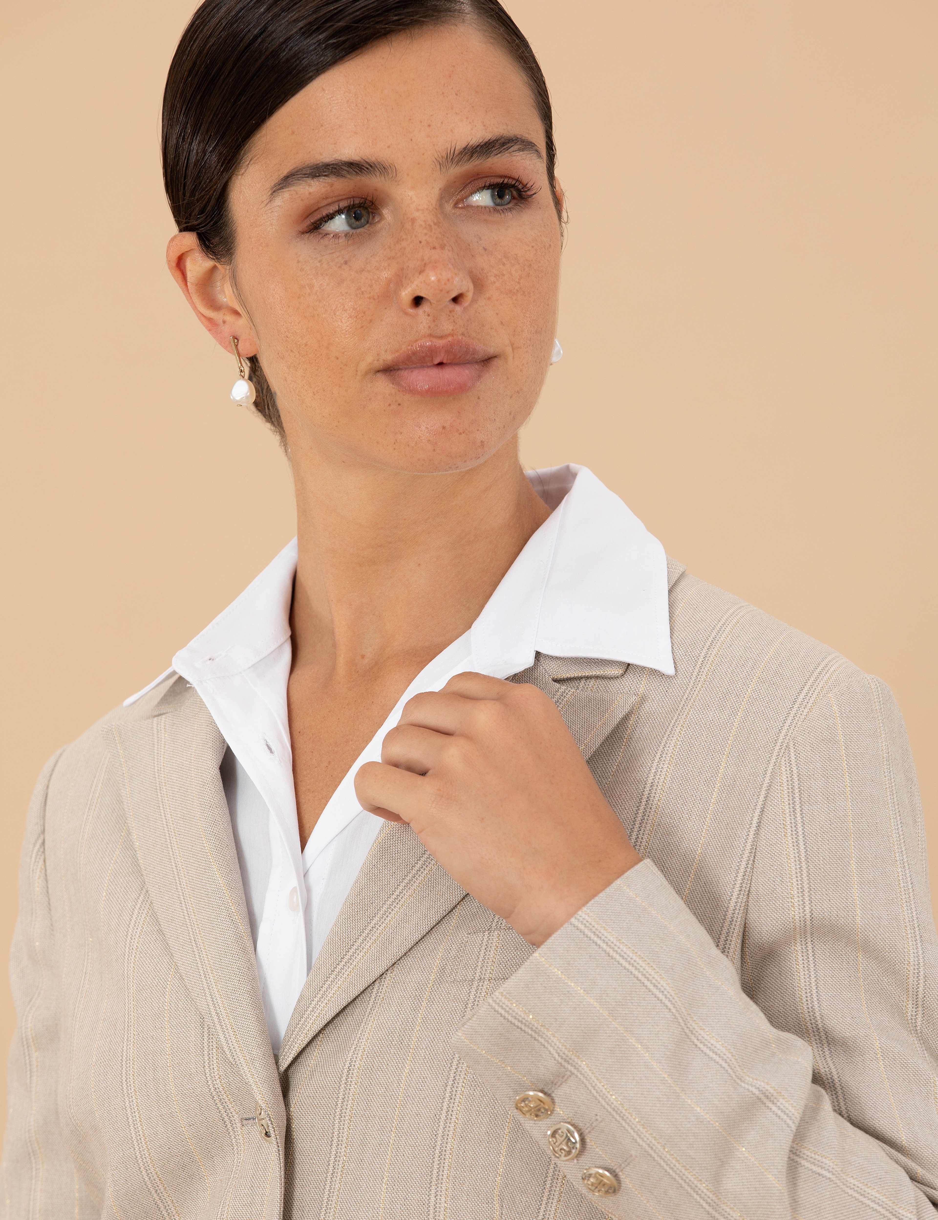 Bej Çizgili Crop Ceket