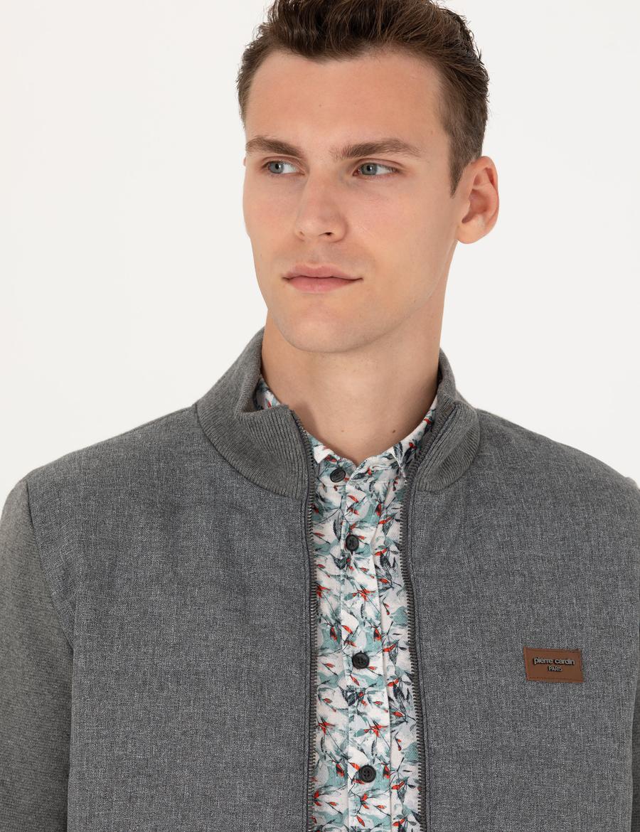 Gri Melanj Slim Fit Fermuarlı Triko Hırka