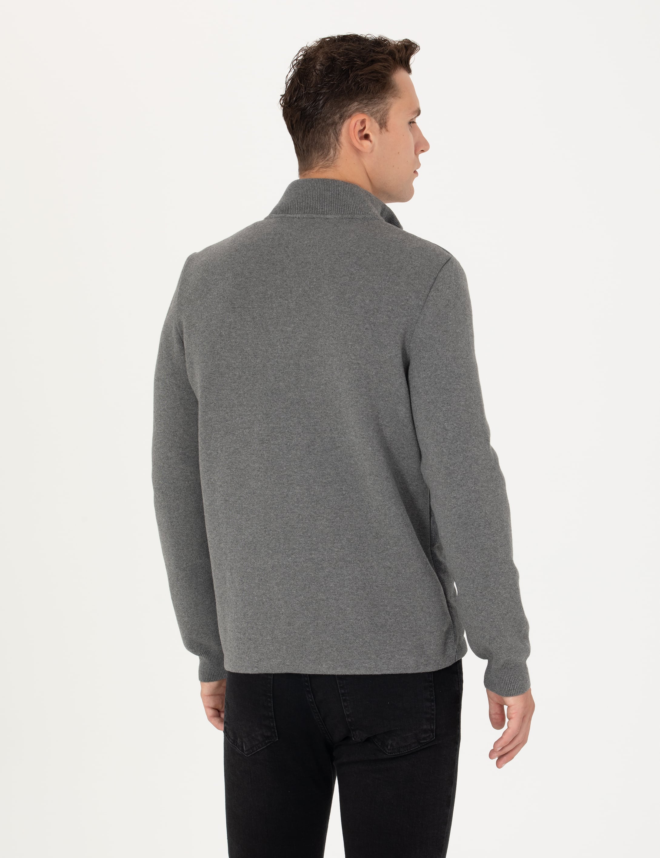 Pierre Cardin Gri Melanj Slim Fit Fermuarlı Triko Hırka görsel 5