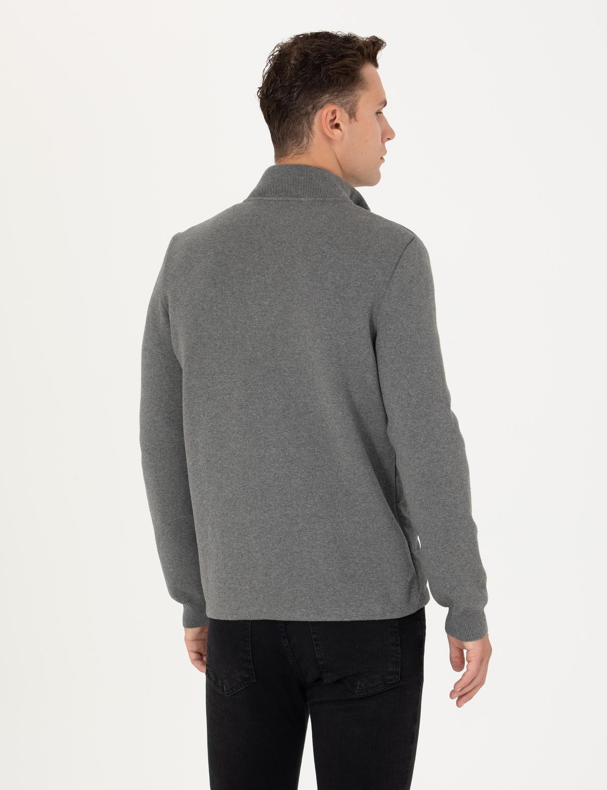 Gri Melanj Slim Fit Fermuarlı Triko Hırka - 50276621021