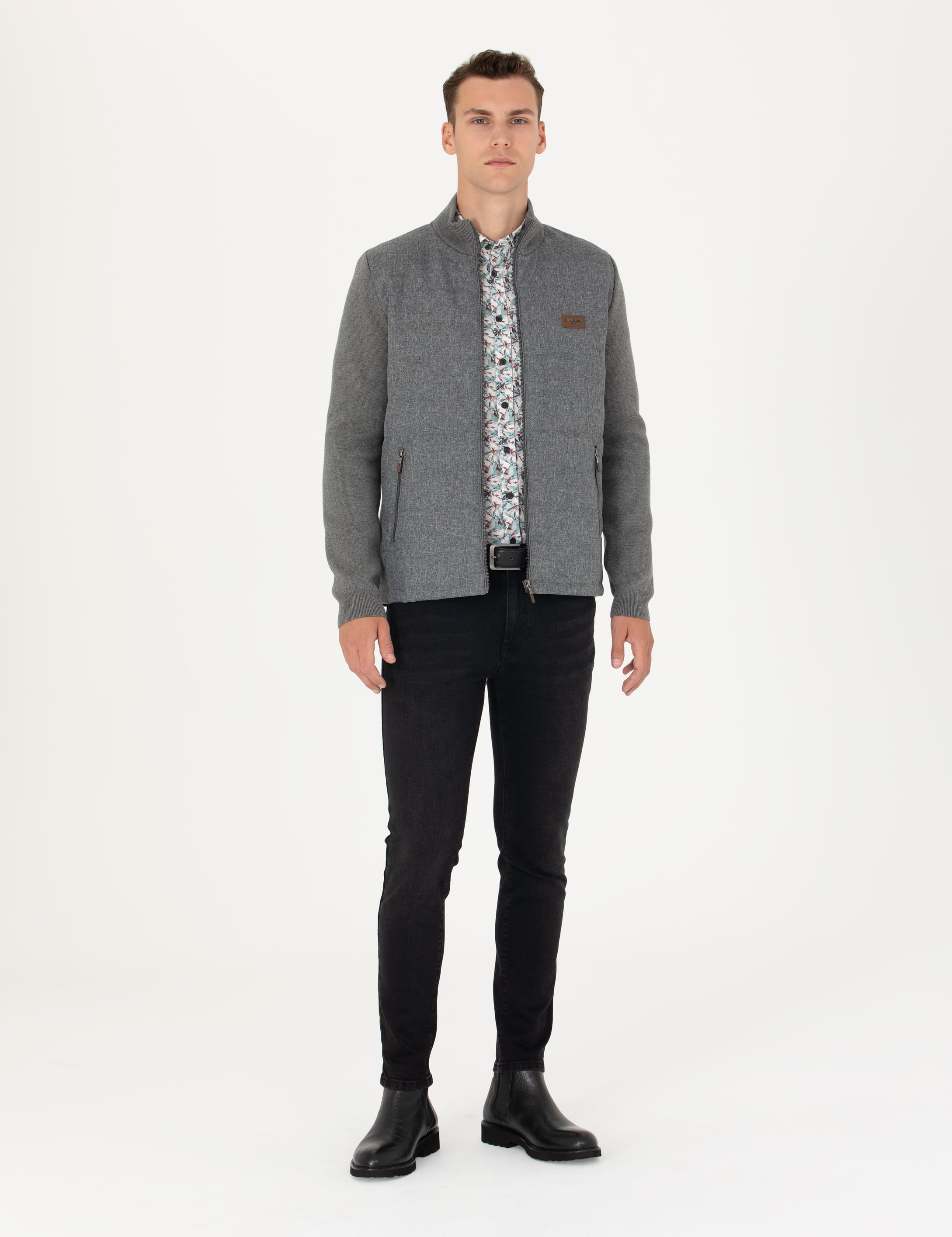 Pierre Cardin Gri Melanj Slim Fit Fermuarlı Triko Hırka görsel 4