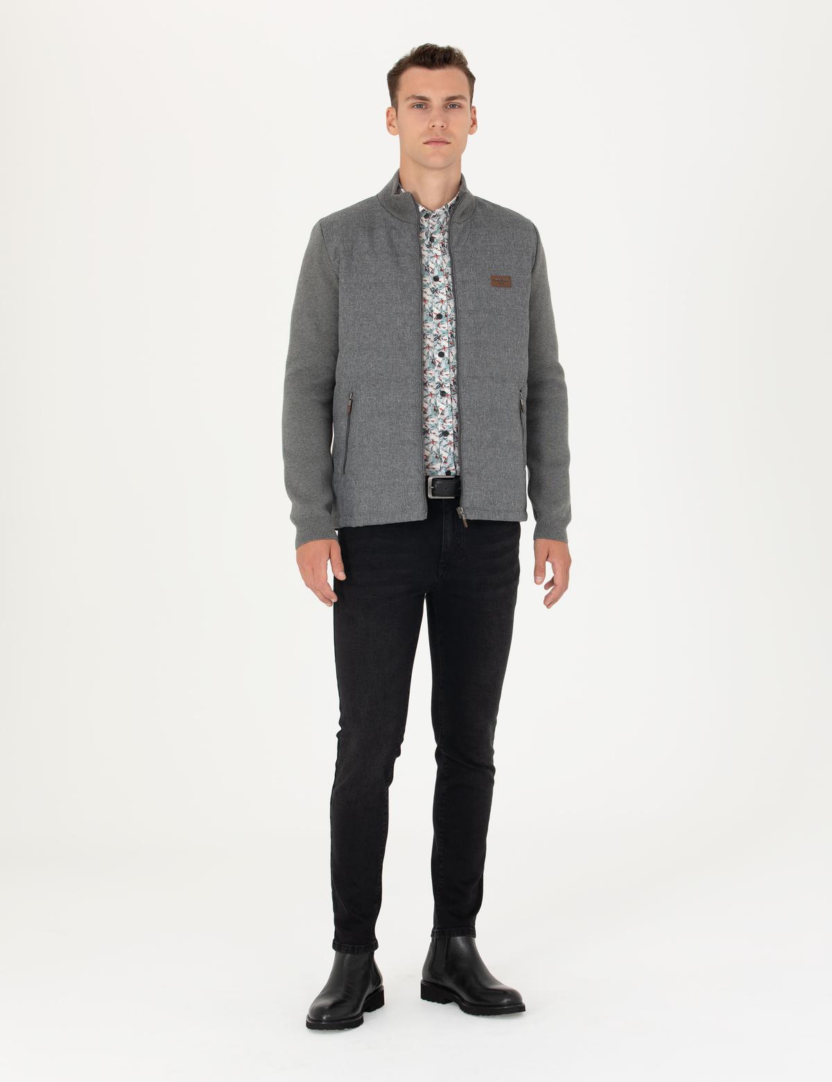 Gri Melanj Slim Fit Fermuarlı Triko Hırka - 50276621021