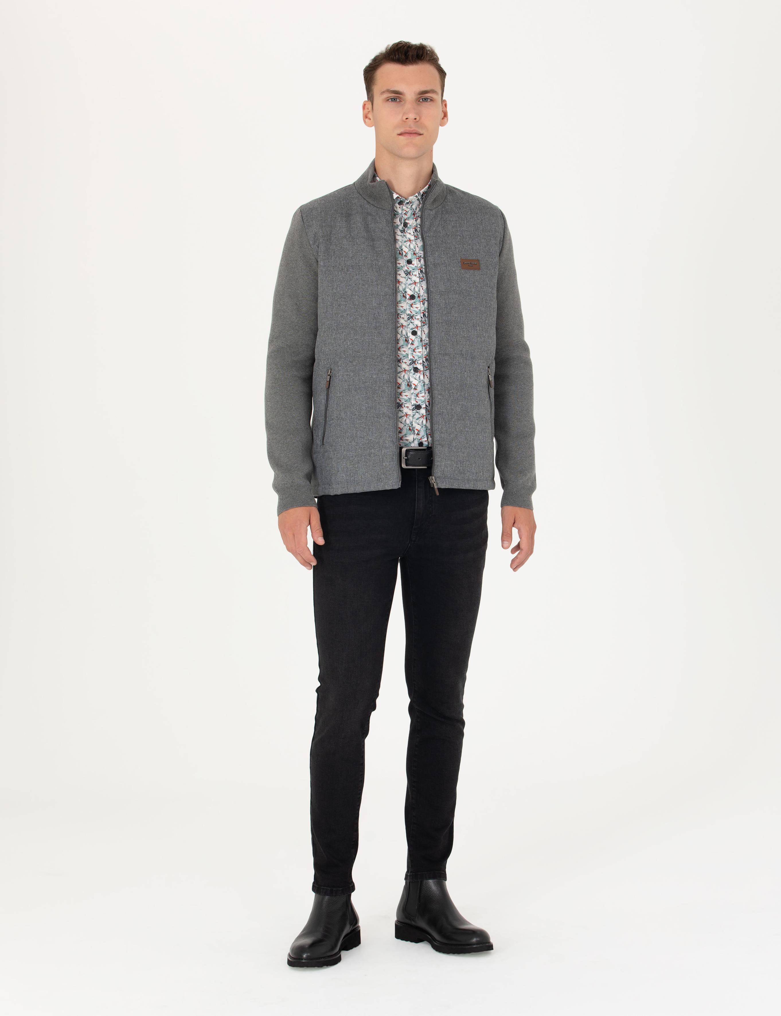 Gri Melanj Slim Fit Fermuarlı Triko Hırka