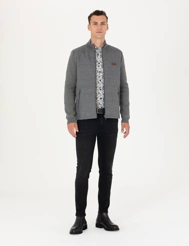 Gri Melanj Slim Fit Fermuarlı Triko Hırka