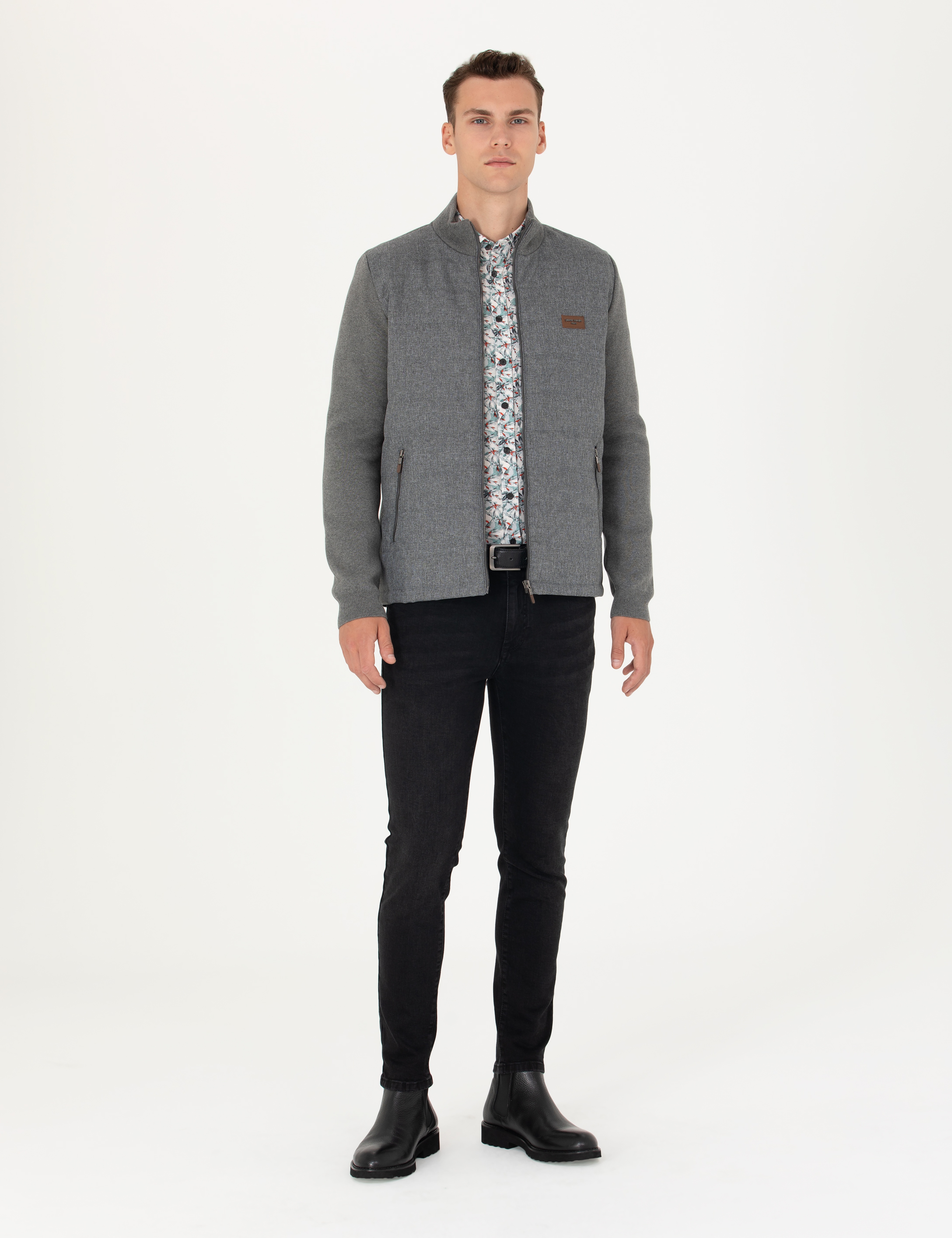 Gri Melanj Slim Fit Fermuarlı Triko Hırka - Image 4