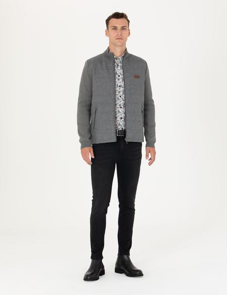 Gri Melanj Slim Fit Fermuarlı Triko Hırka - 50276621021