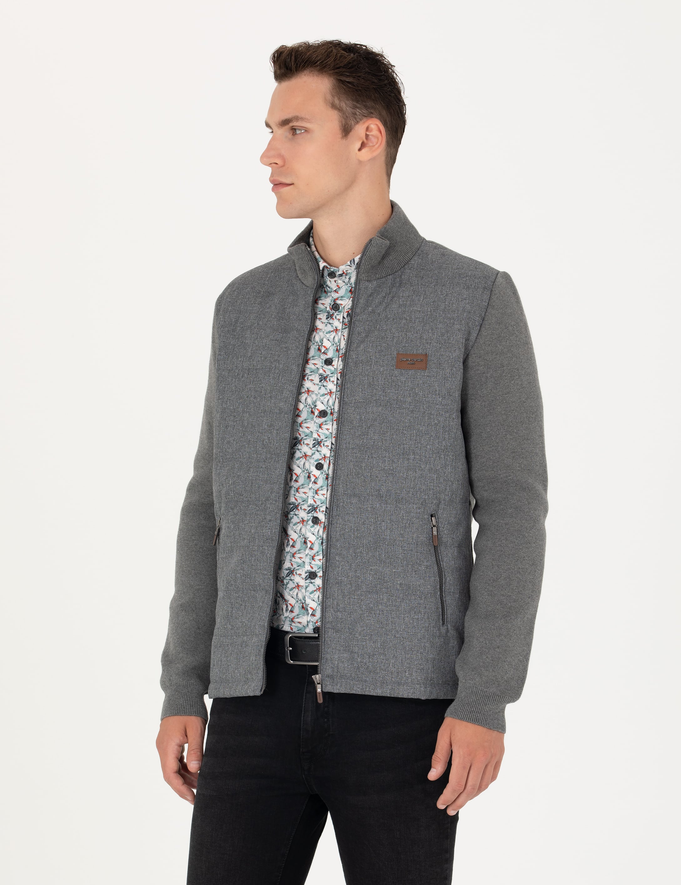 Pierre Cardin Gri Melanj Slim Fit Fermuarlı Triko Hırka görsel 3