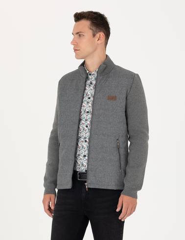 Gri Melanj Slim Fit Fermuarlı Triko Hırka