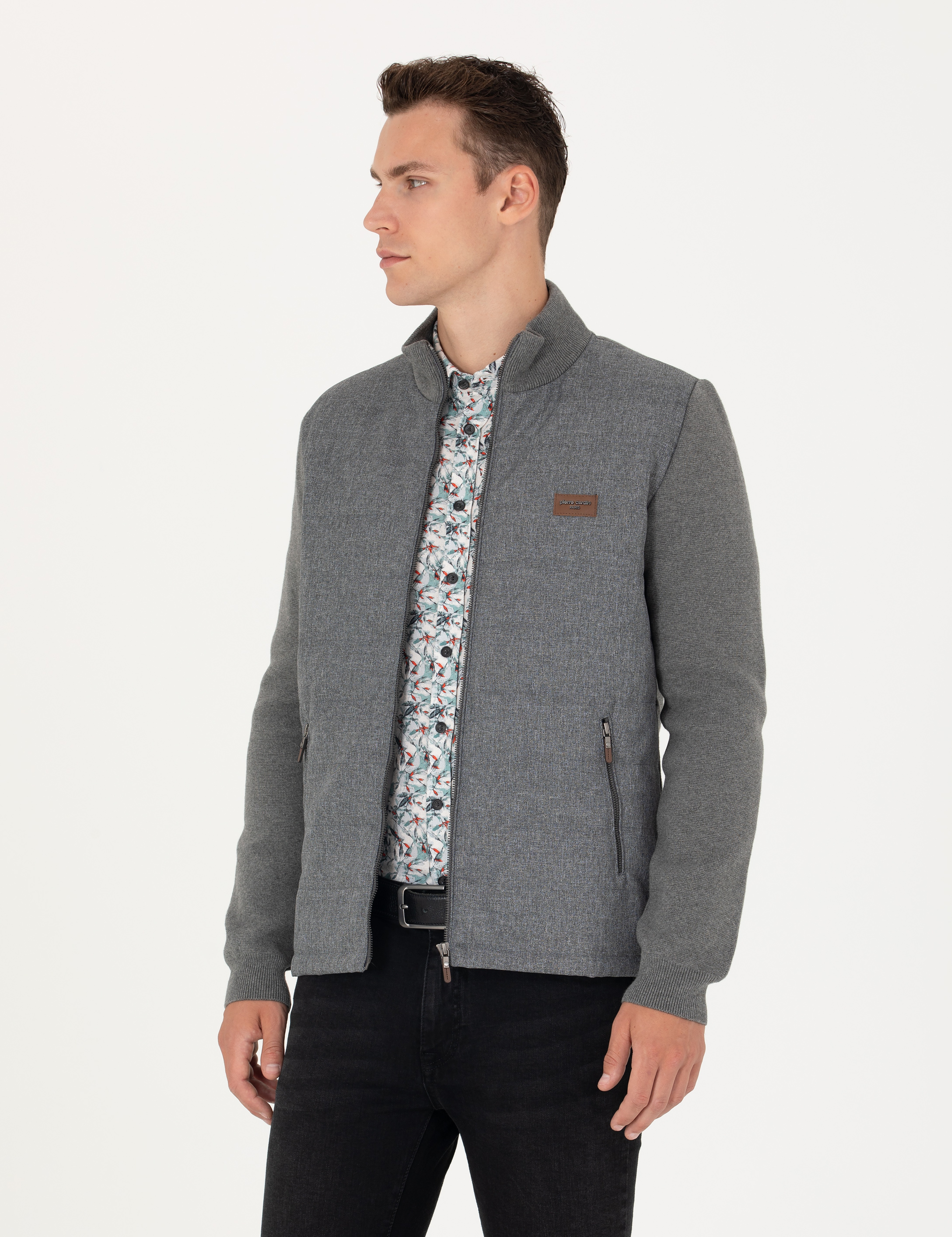 Gri Melanj Slim Fit Fermuarlı Triko Hırka - Image 3