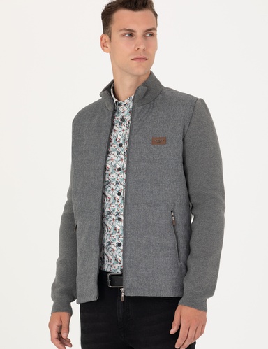 Gri Melanj Slim Fit Fermuarlı Triko Hırka