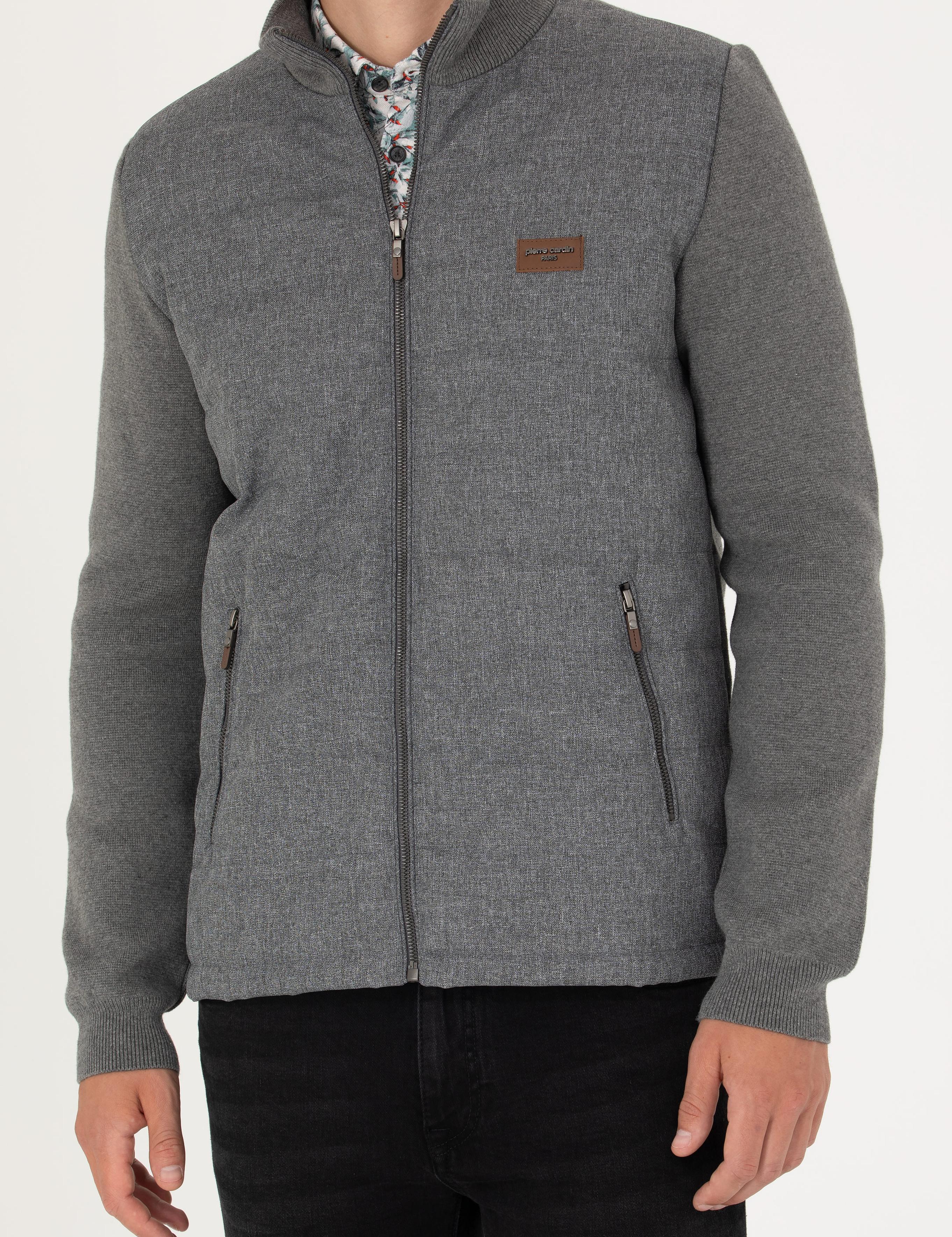 Gri Melanj Slim Fit Fermuarlı Triko Hırka