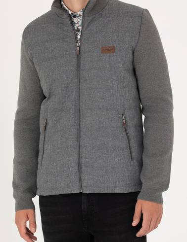 Gri Melanj Slim Fit Fermuarlı Triko Hırka