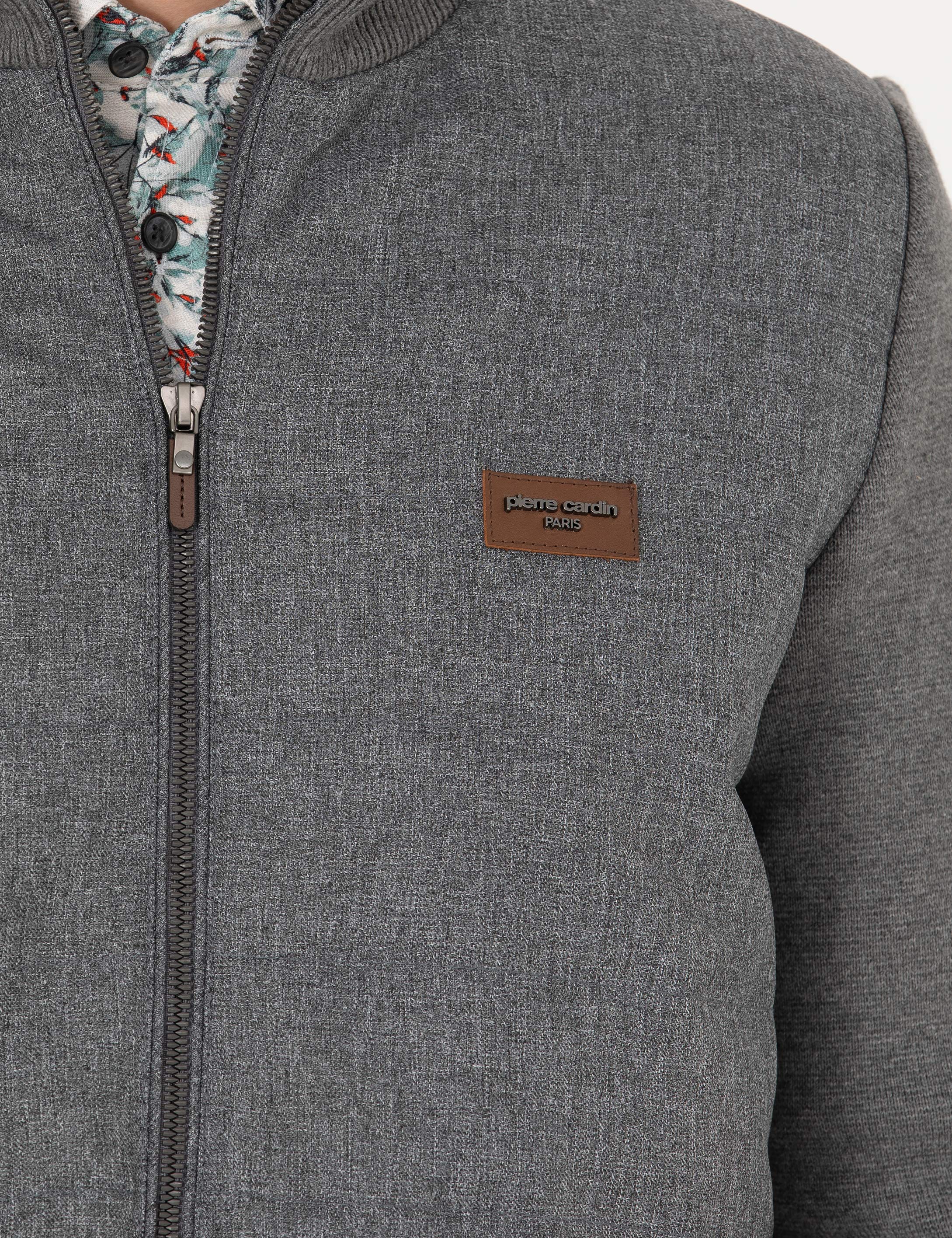 Pierre Cardin Gri Melanj Slim Fit Fermuarlı Triko Hırka görsel 7