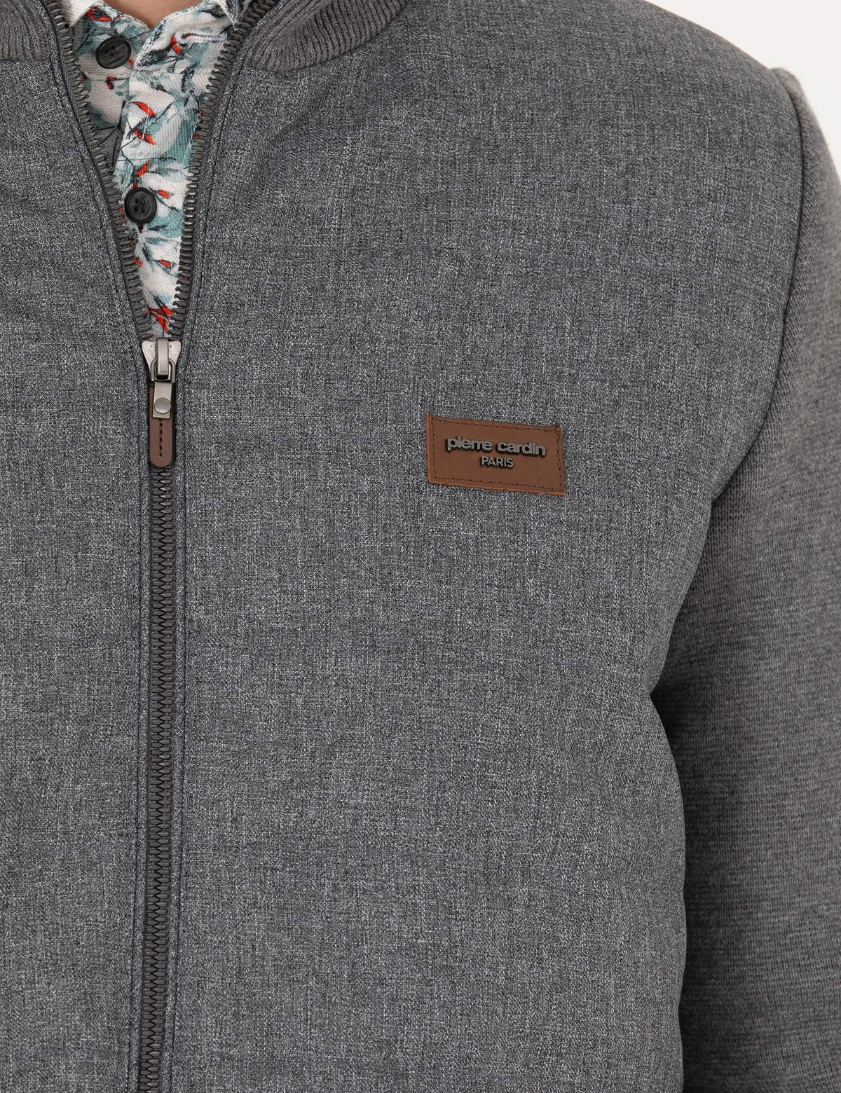 Gri Melanj Slim Fit Fermuarlı Triko Hırka - 50276621021