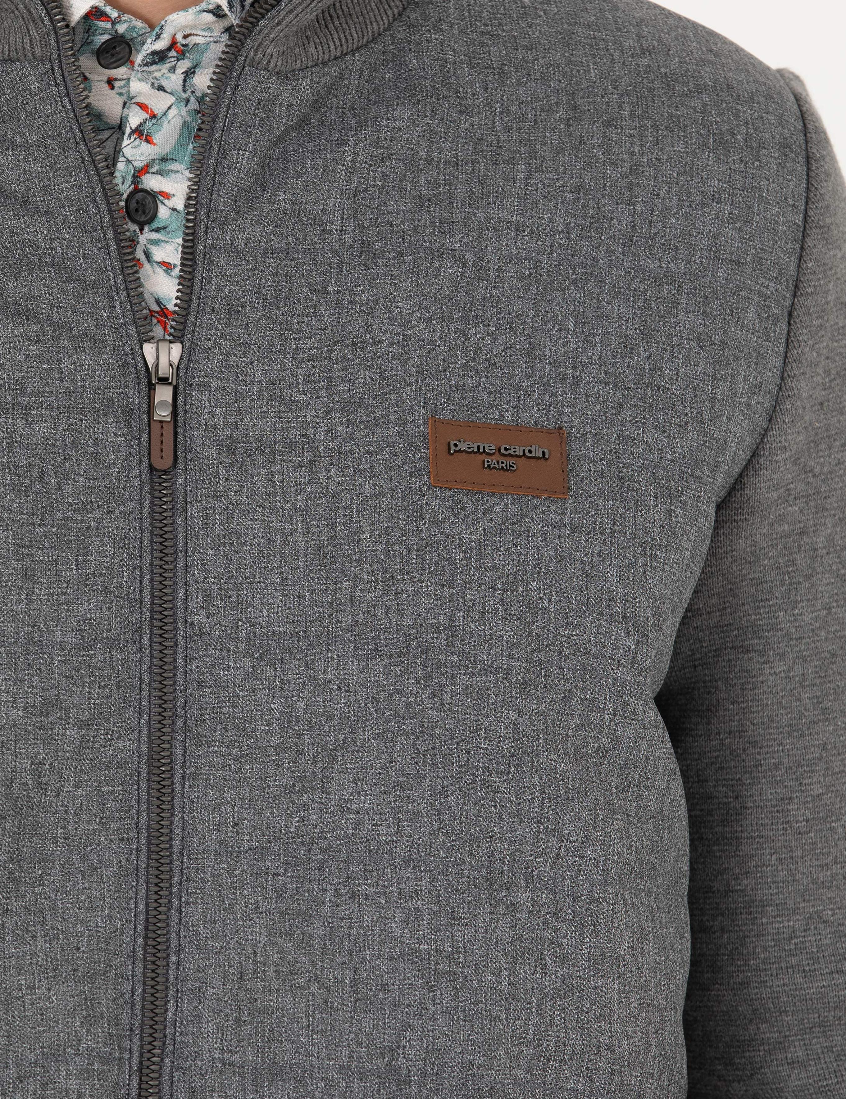 Gri Melanj Slim Fit Fermuarlı Triko Hırka