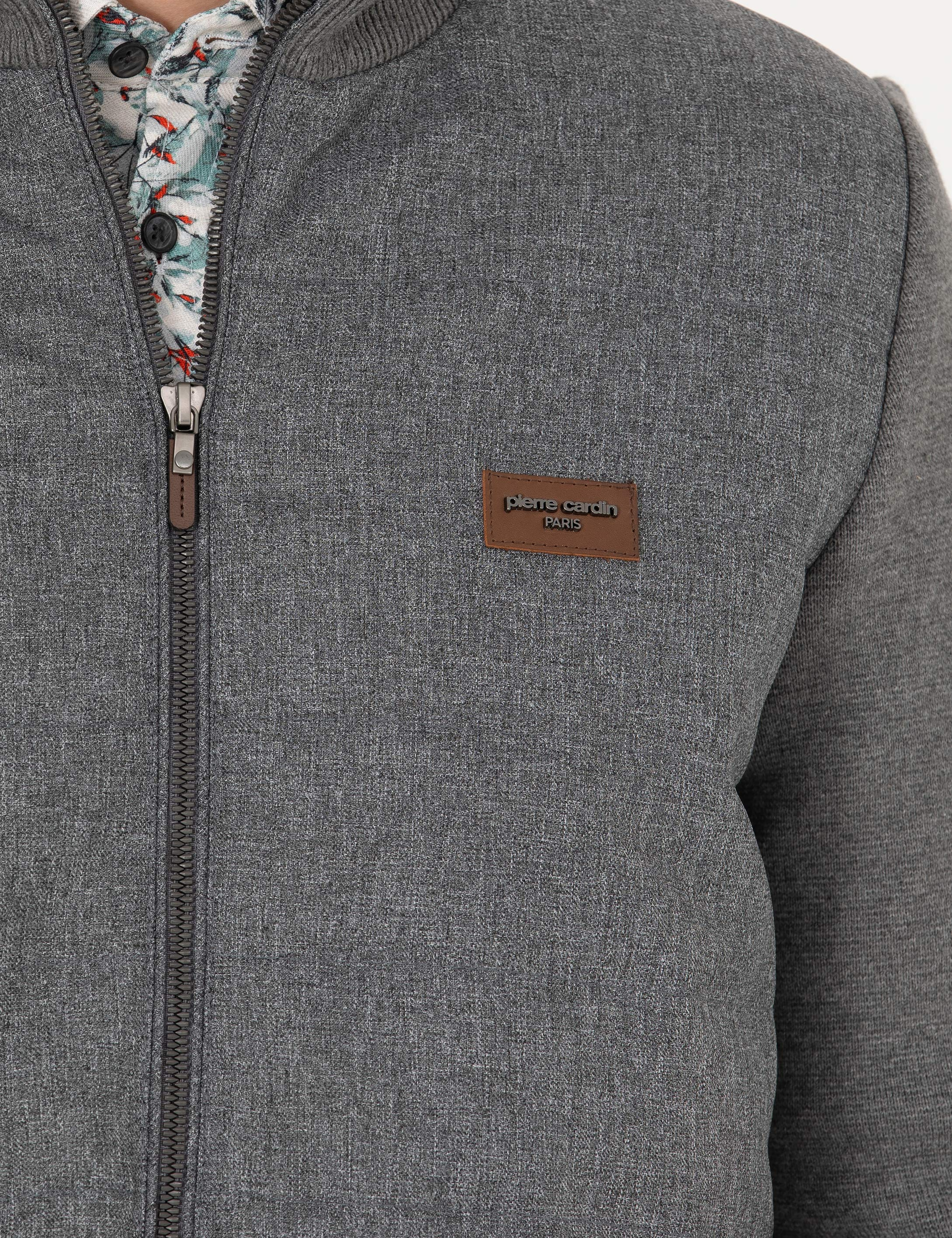 Gri Melanj Slim Fit Fermuarlı Triko Hırka - Image 7