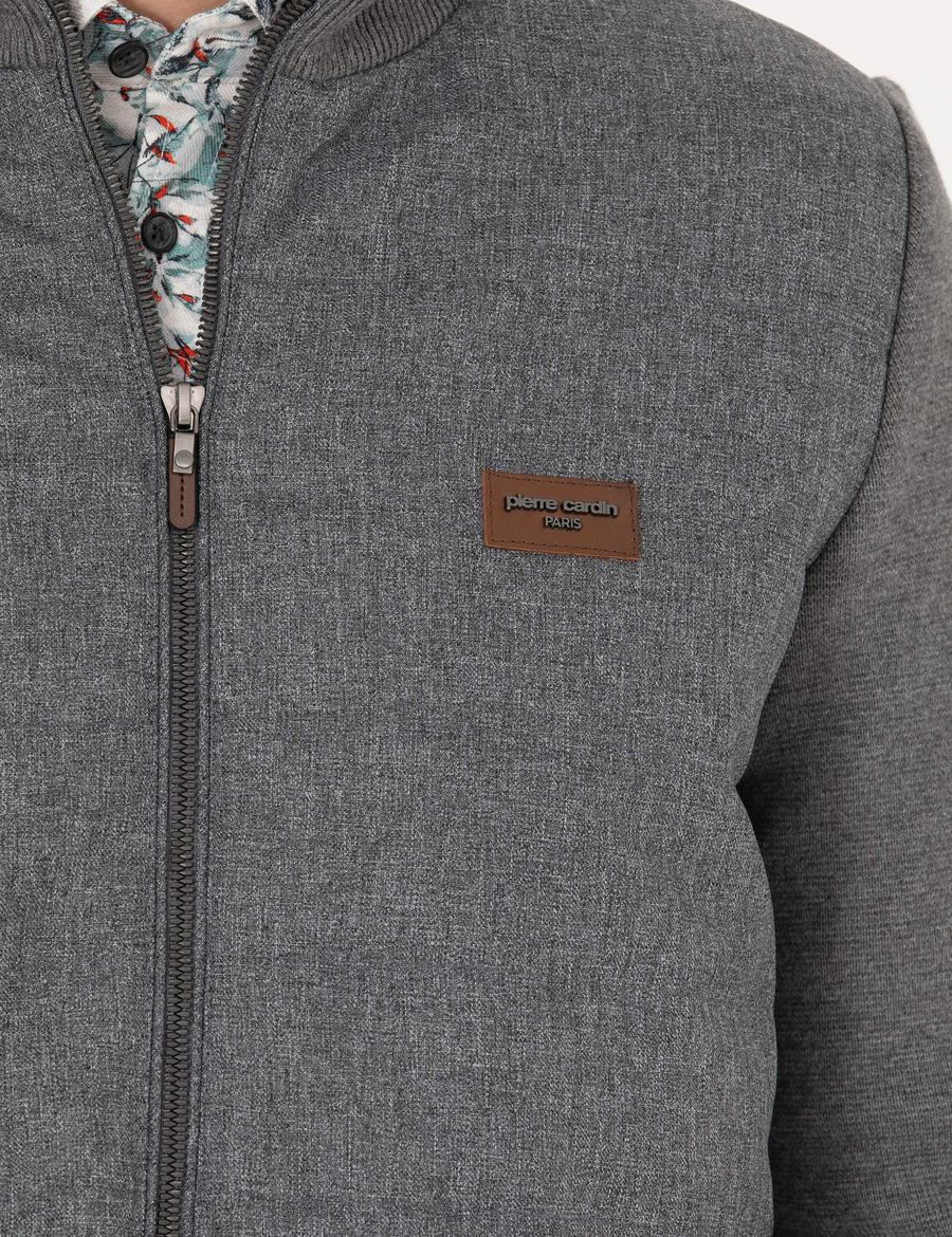 Gri Melanj Slim Fit Fermuarlı Triko Hırka