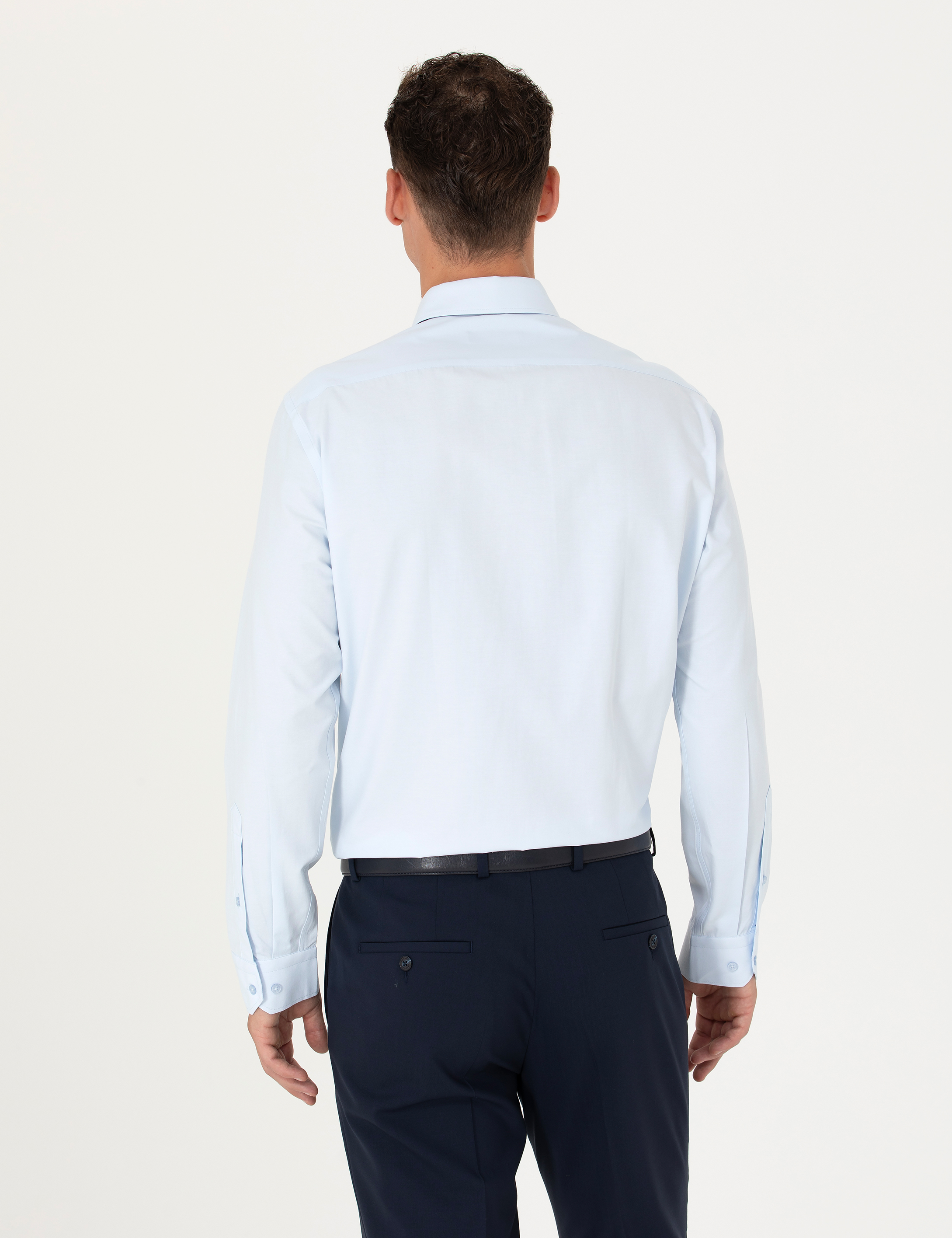 Açık Mavi Slim Fit Uzun Kollu Basic Gömlek - Image 5