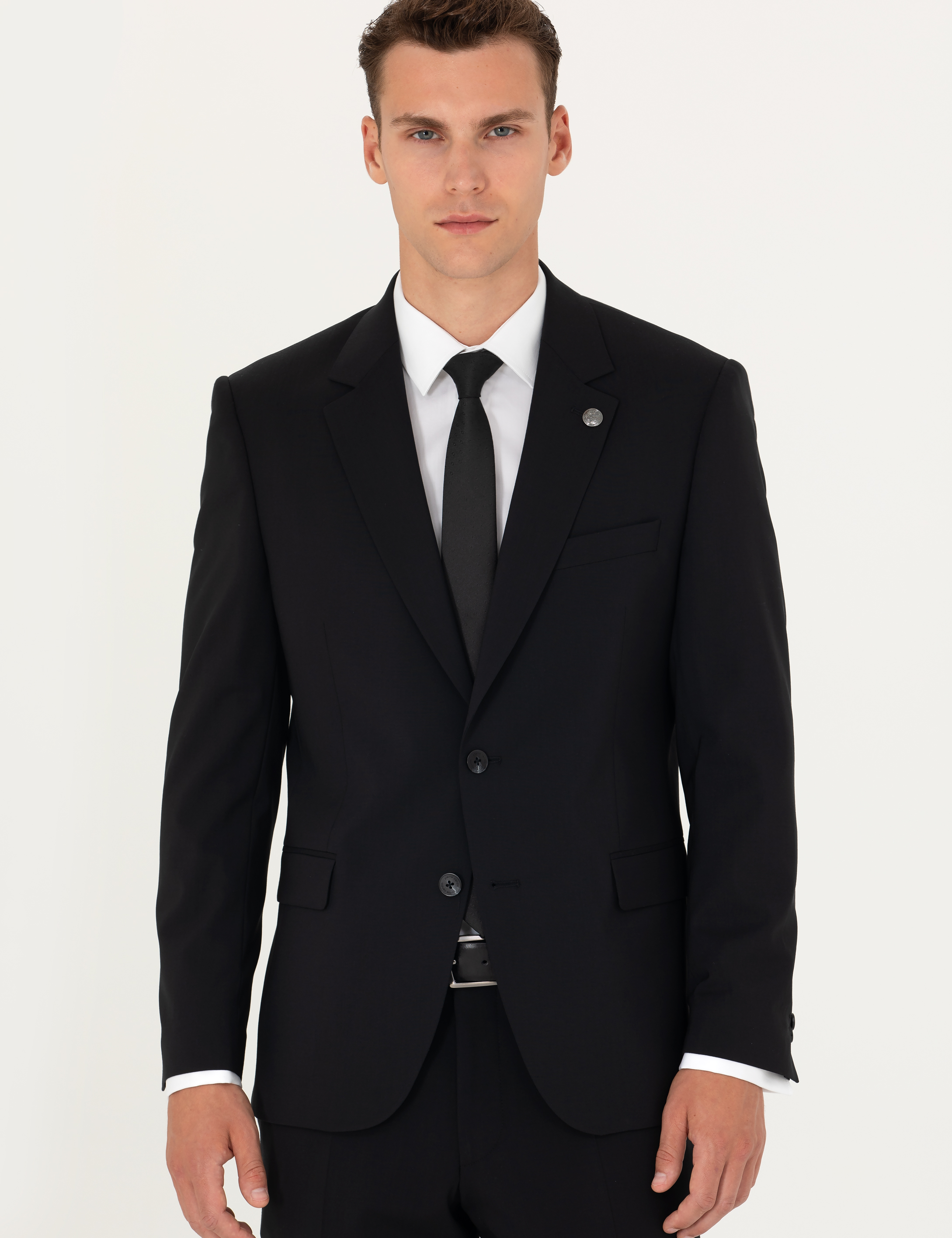 Siyah Slim Fit Yün Karışımlı Takım Elbise