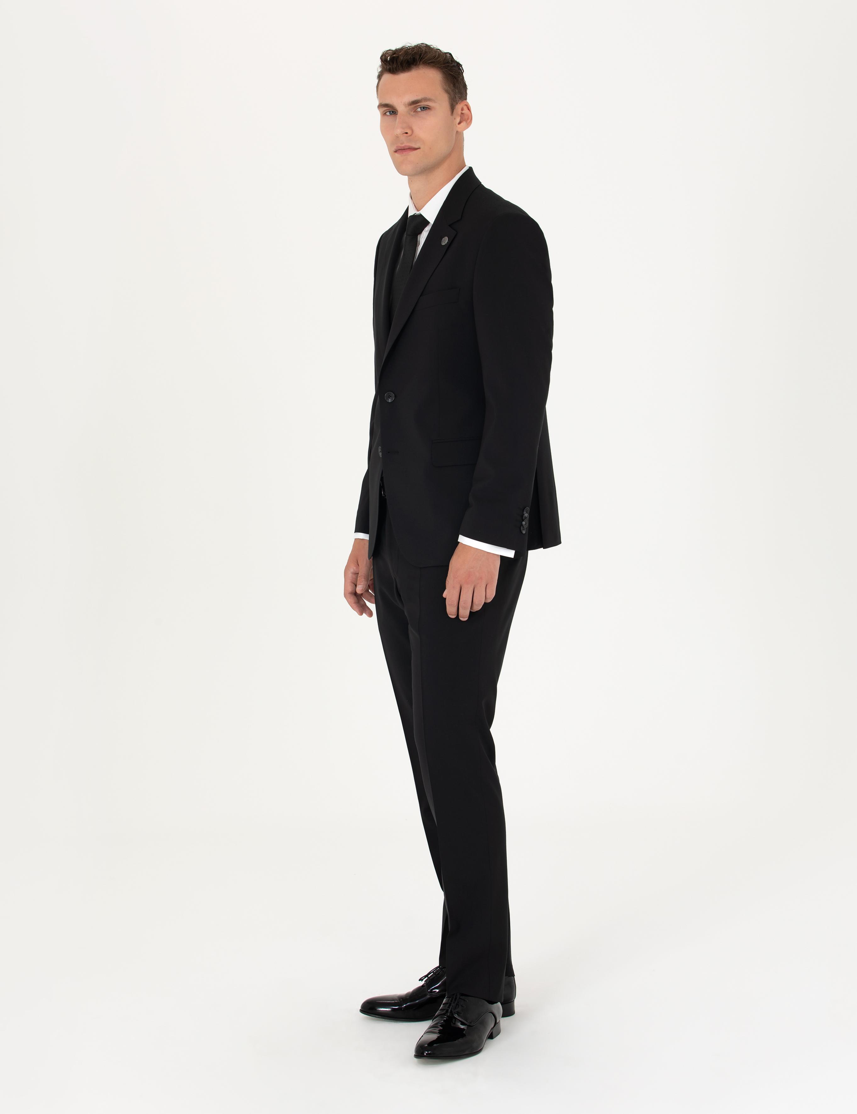 Siyah Slim Fit Yün Karışımlı Takım Elbise