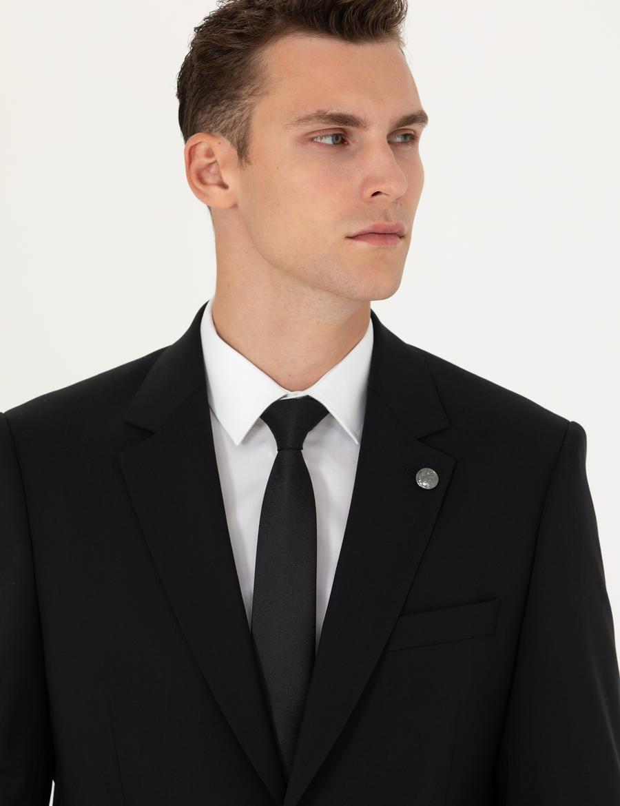 Siyah Slim Fit Yün Karışımlı Takım Elbise