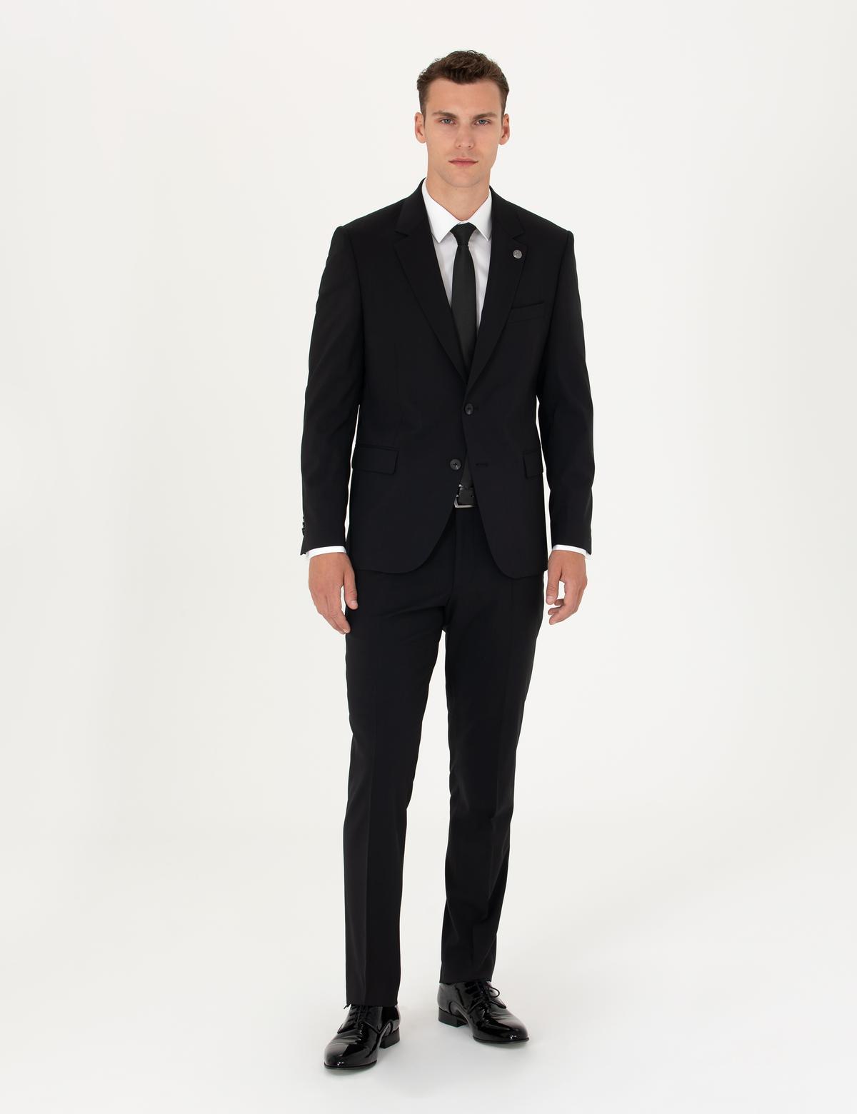 Siyah Slim Fit Yün Karışımlı Takım Elbise