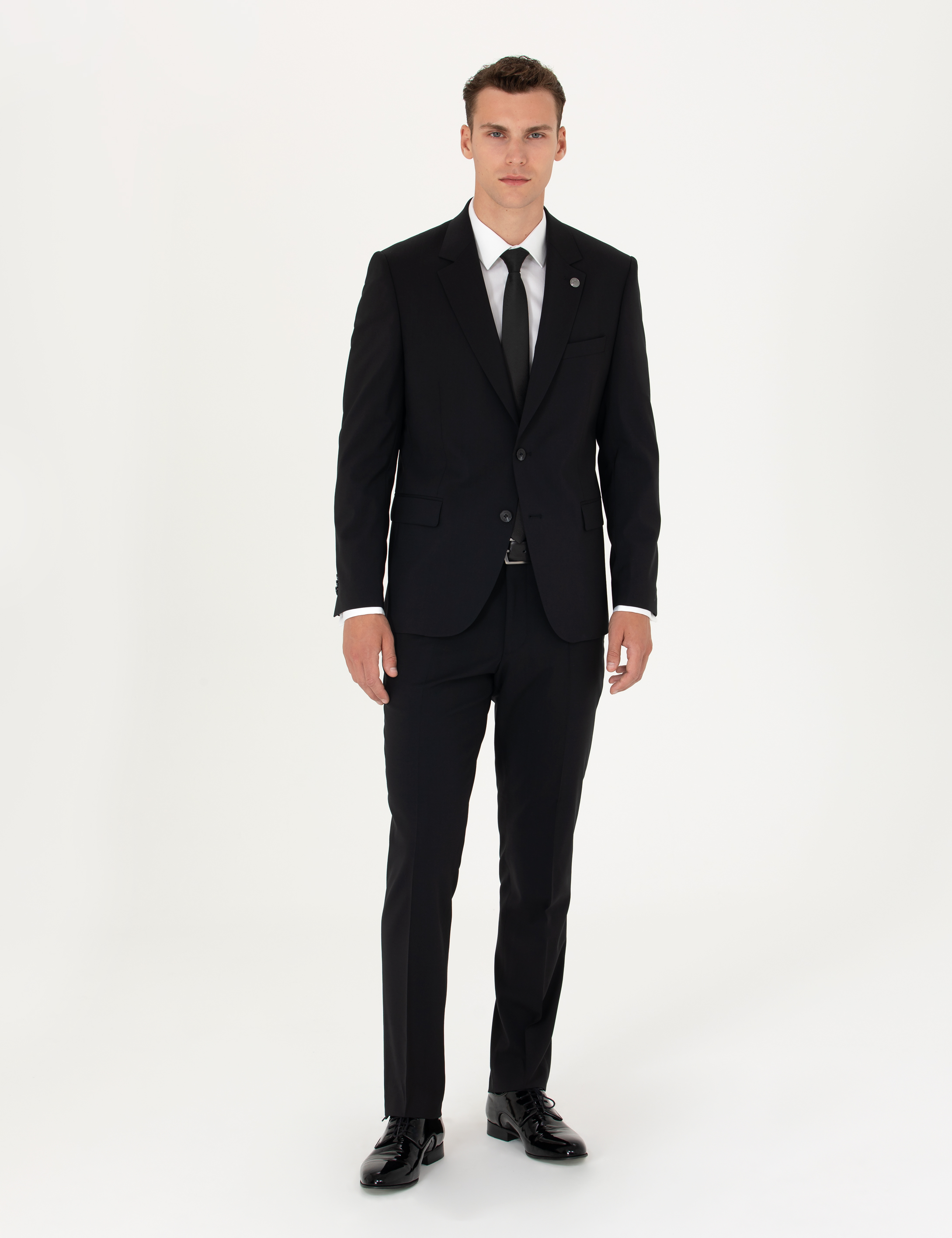 Siyah Slim Fit Yün Karışımlı Takım Elbise