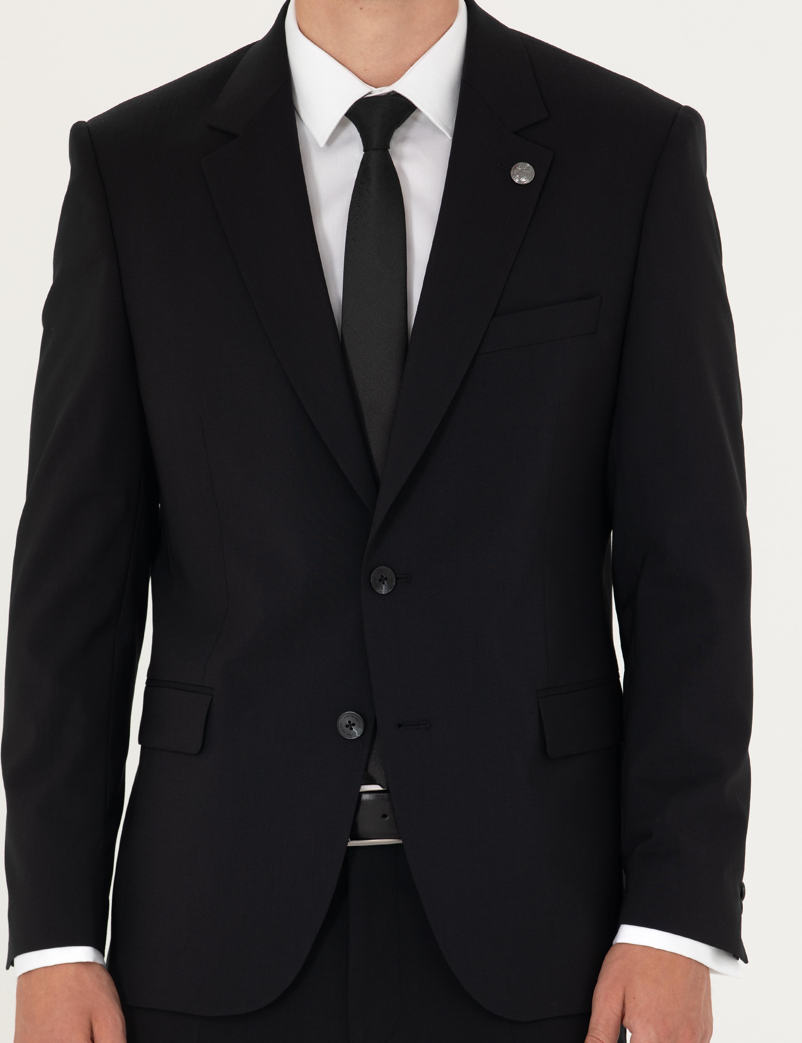 Siyah Slim Fit Yün Karışımlı Takım Elbise