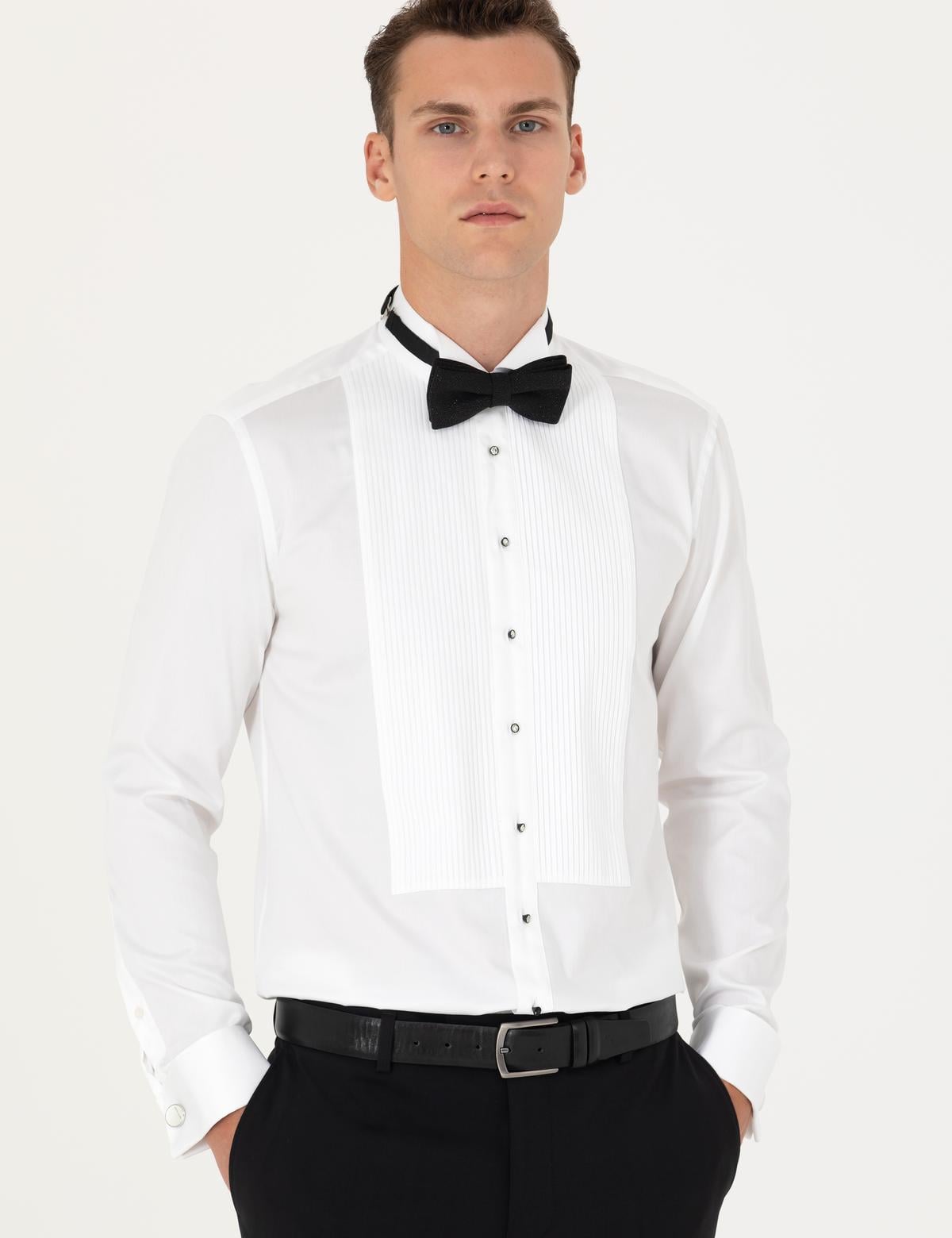 Beyaz Slim Fit Smokin Gömlek