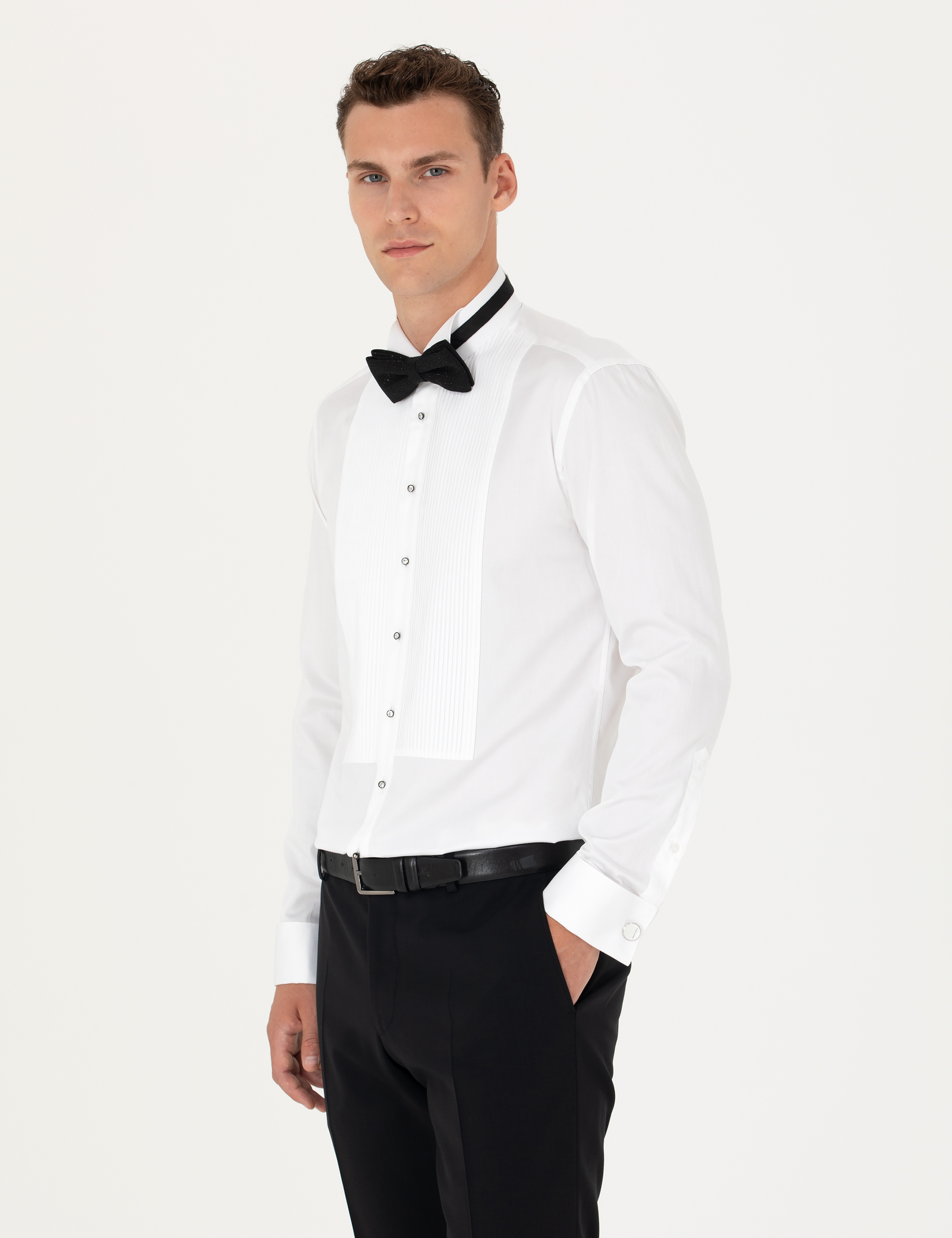 Beyaz Slim Fit Smokin Gömlek - Image 3