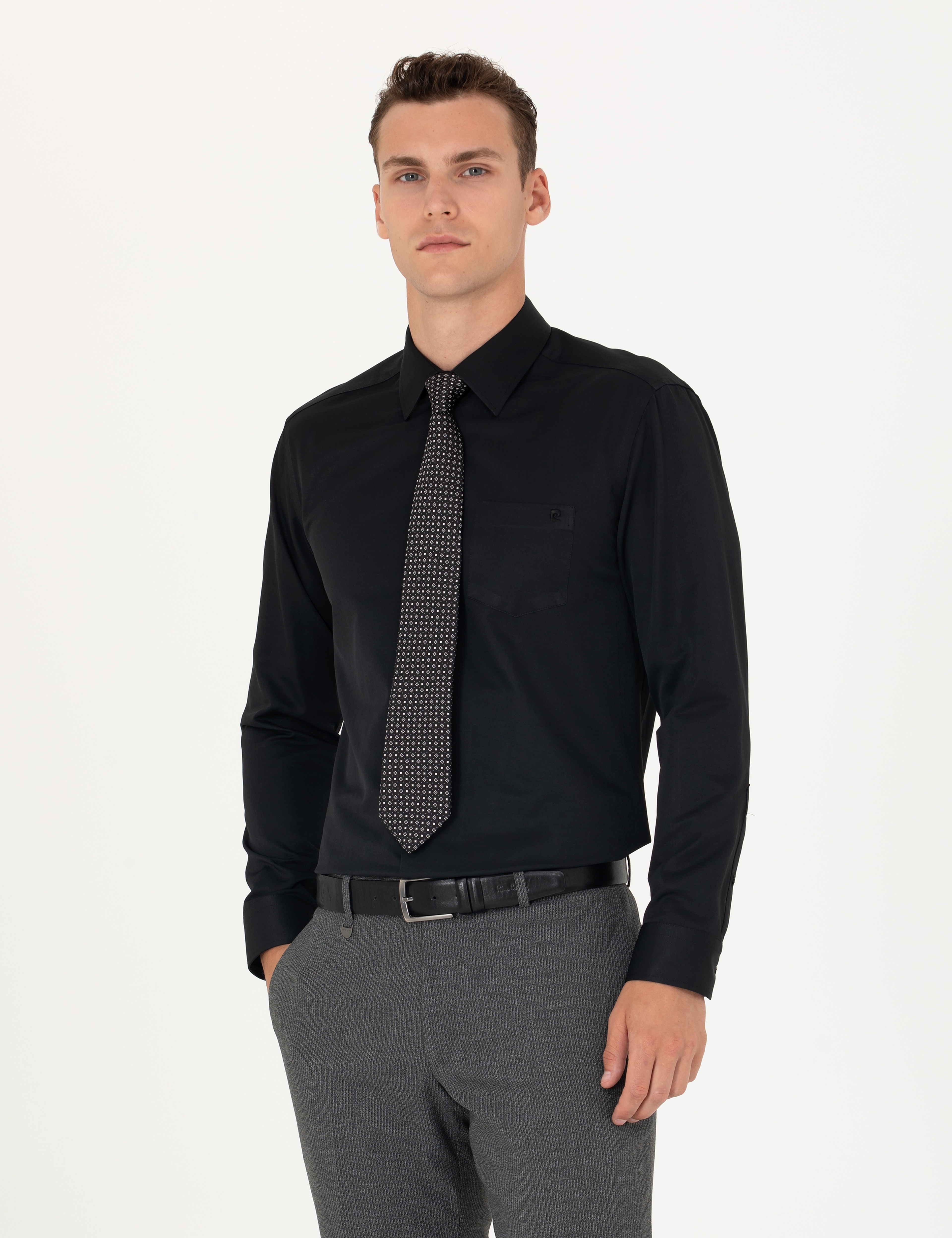 Siyah Regular Fit Uzun Kollu Basic Gömlek - Image 1