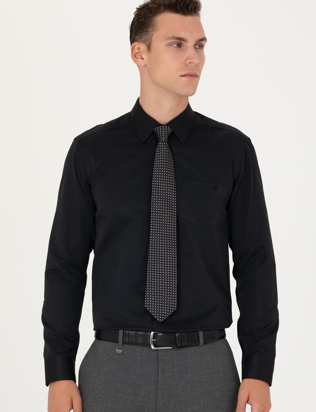 Siyah Regular Fit Uzun Kollu Basic Gömlek - 50277764010