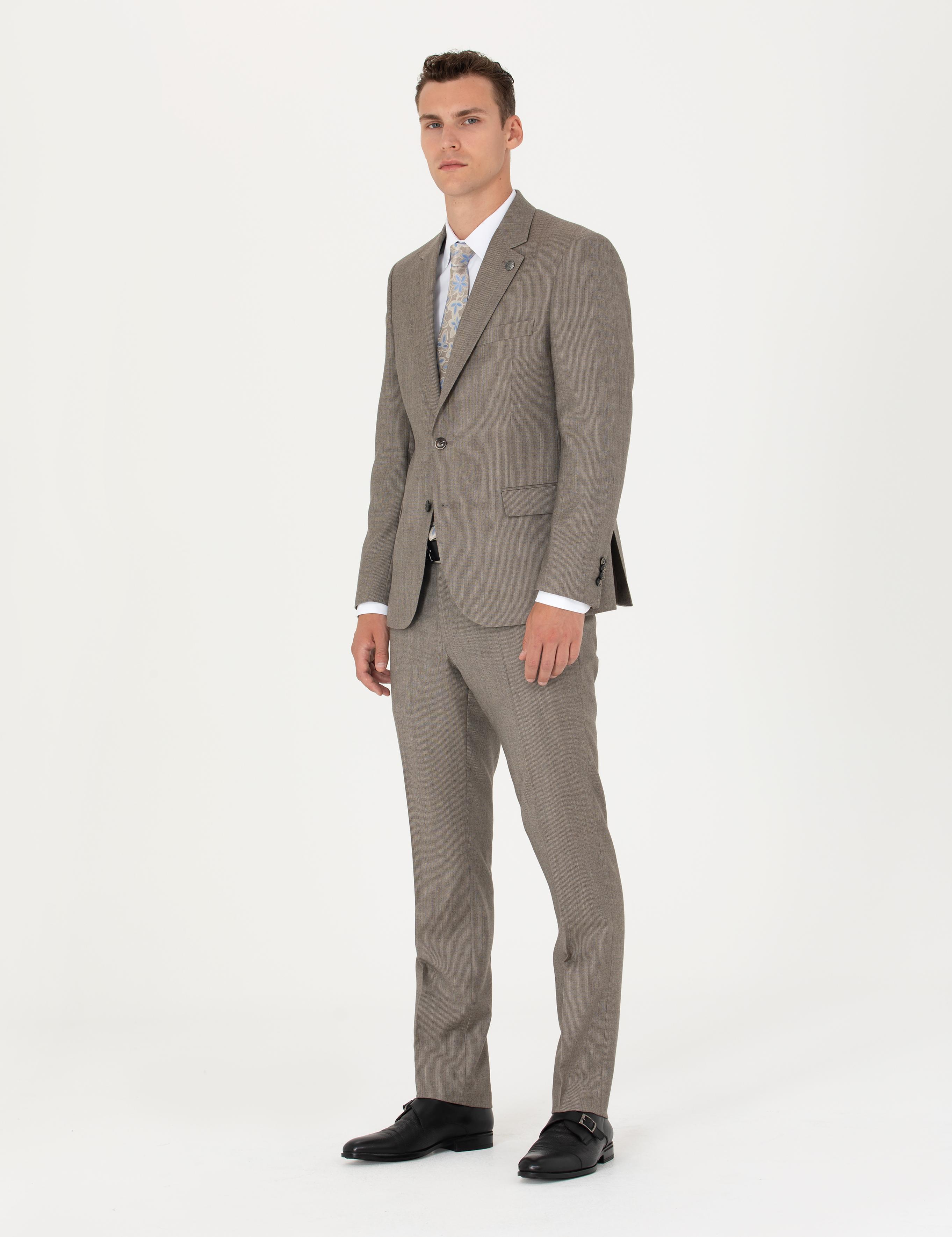 %100 Yün Bej Slim Fit Takım Elbise