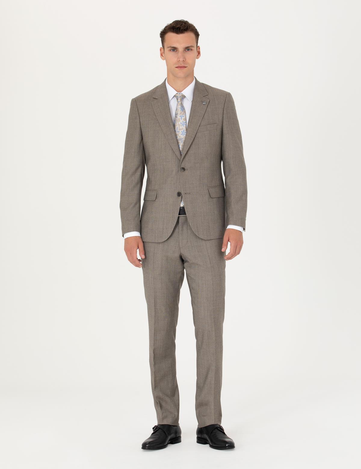 %100 Yün Bej Slim Fit Takım Elbise