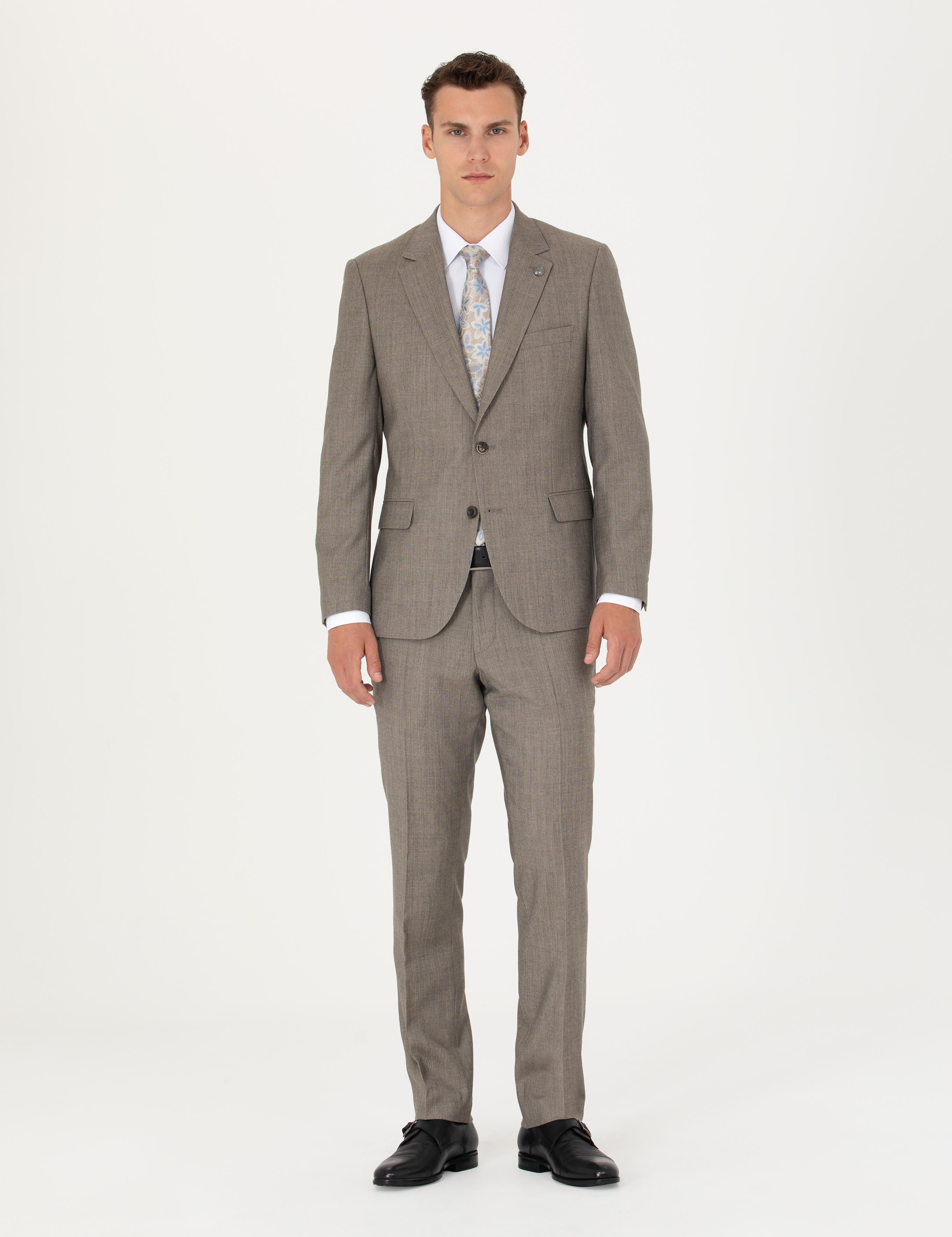 %100 Yün Bej Slim Fit Takım Elbise