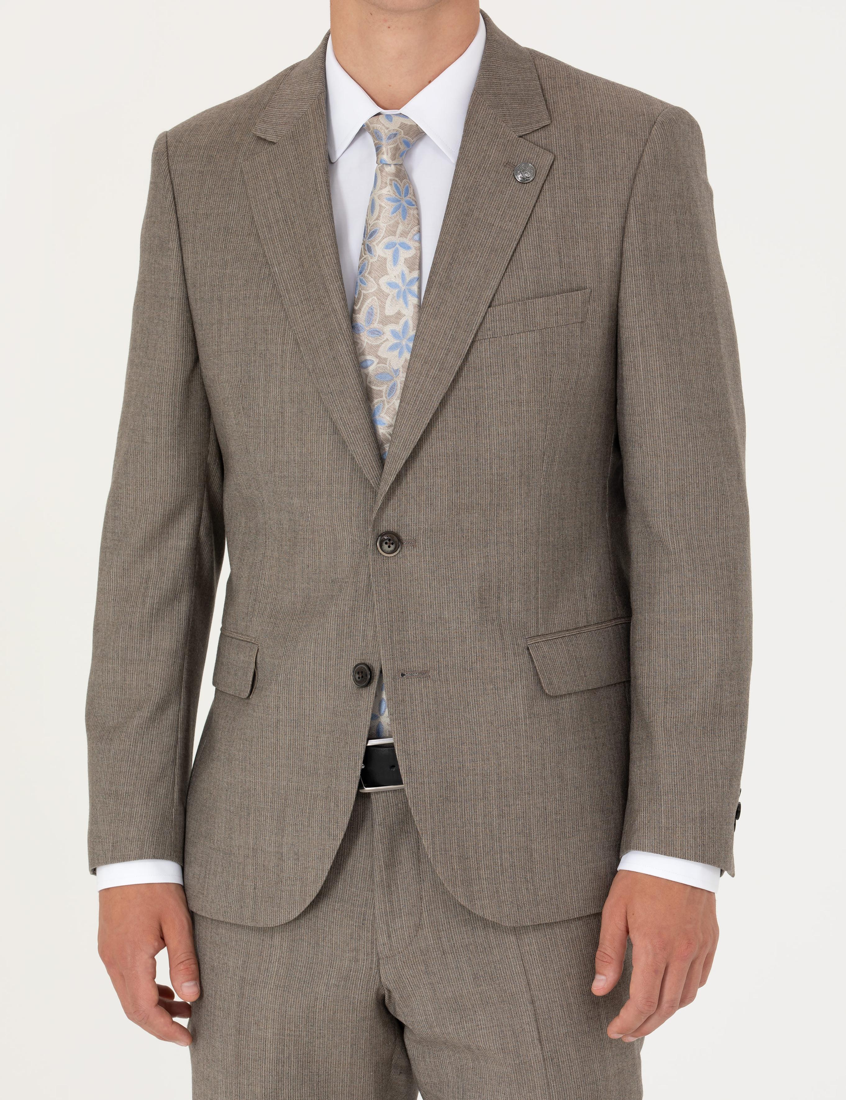 %100 Yün Bej Slim Fit Takım Elbise