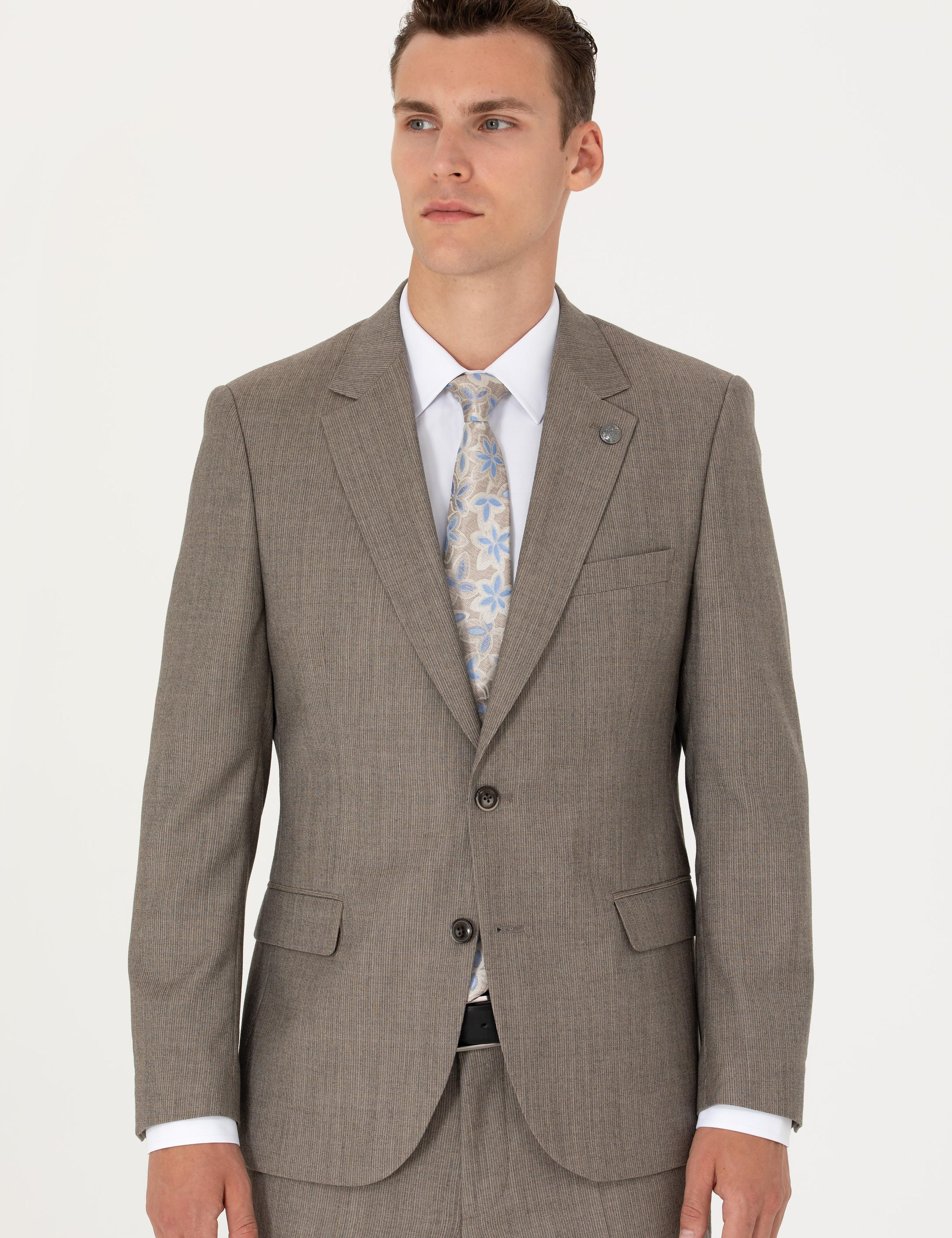 %100 Yün Bej Slim Fit Takım Elbise