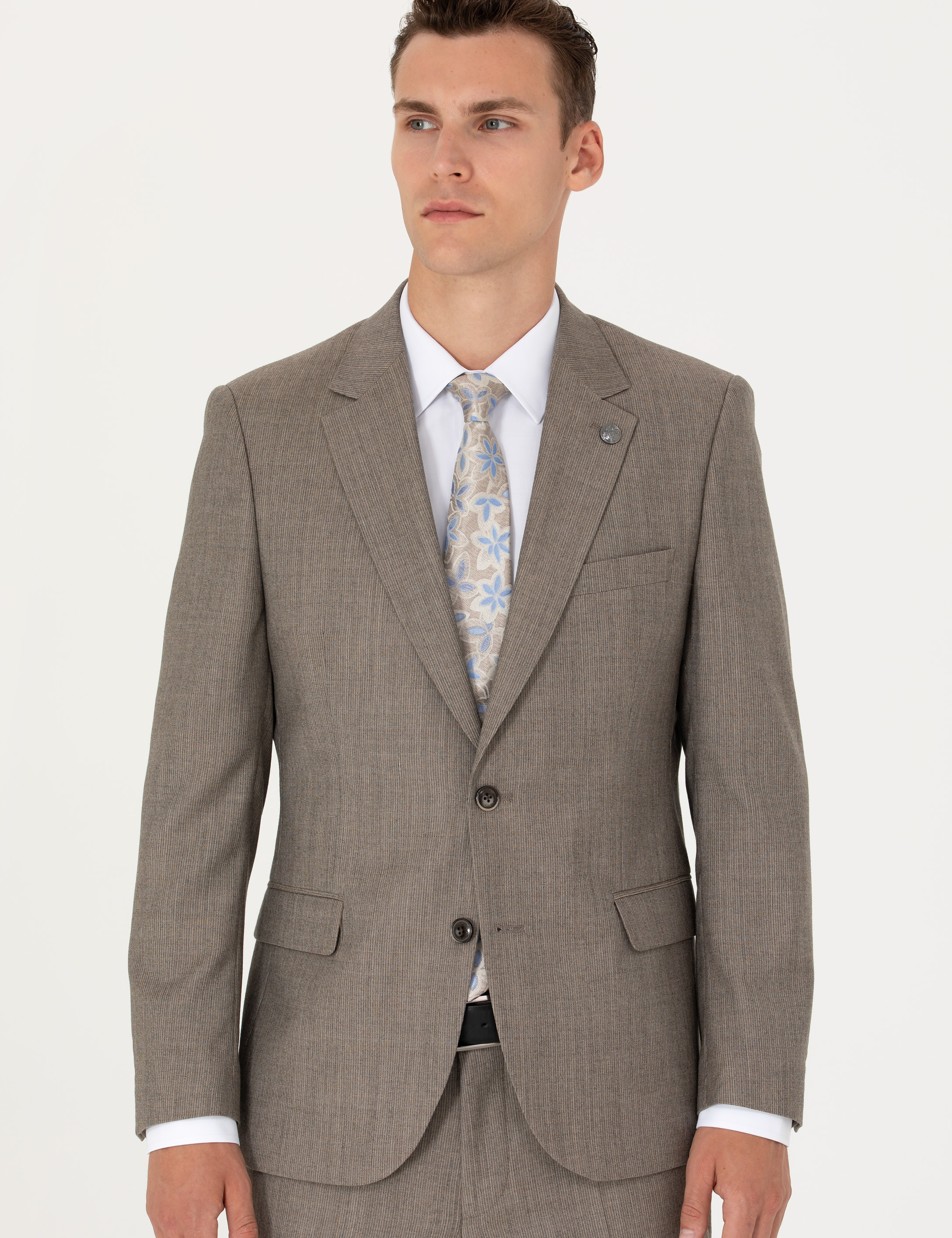 %100 Yün Bej Slim Fit Takım Elbise