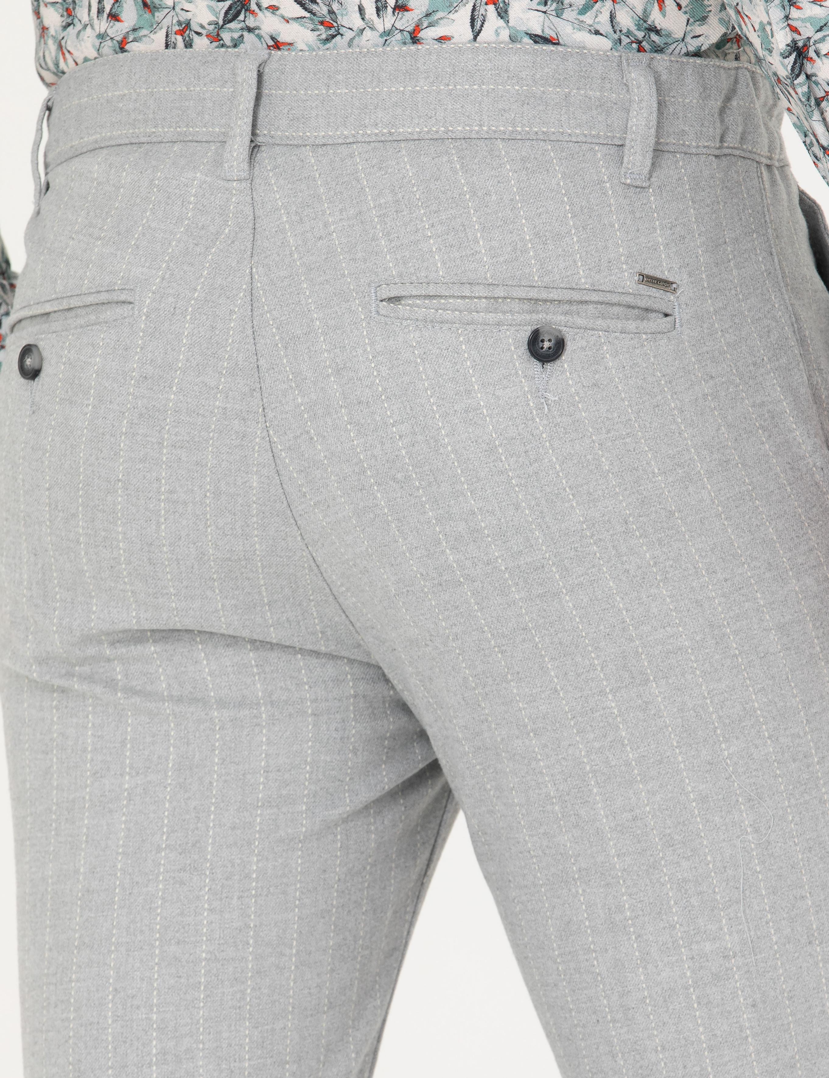 Gri Slim Fit Çizgili Kanvas Pantolon