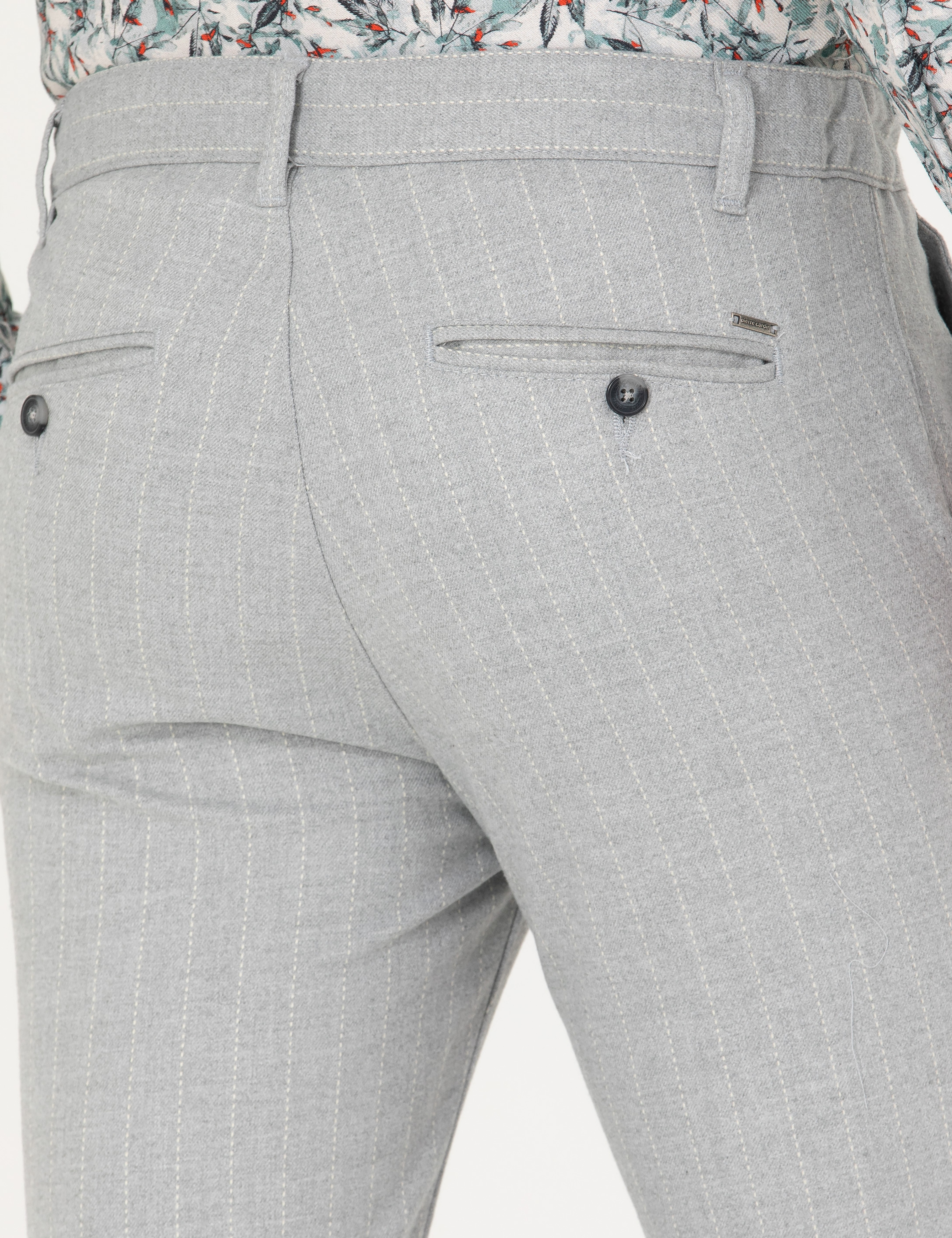 Gri Slim Fit Çizgili Kanvas Pantolon