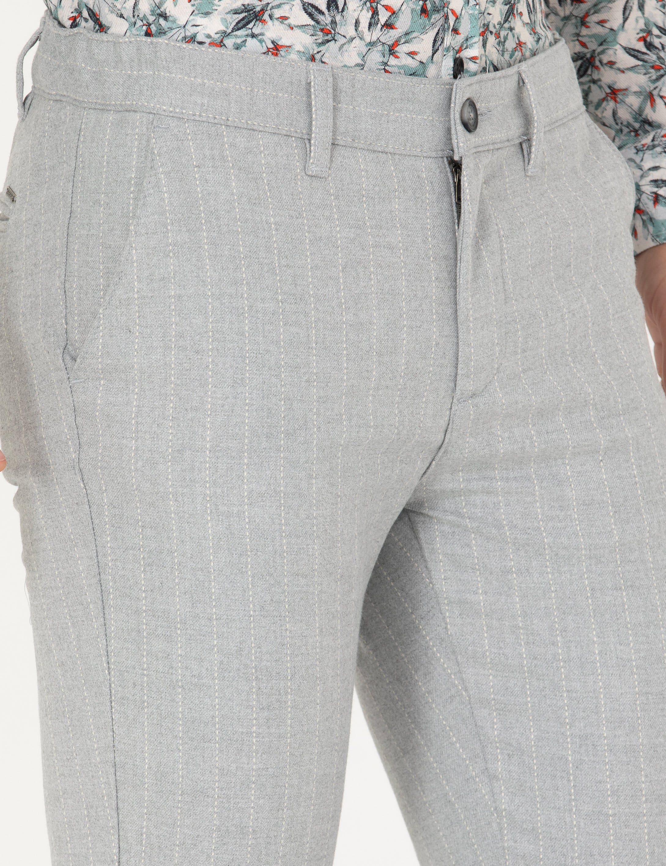 Gri Slim Fit Çizgili Kanvas Pantolon - Image 5