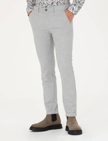 Gri Slim Fit Çizgili Kanvas Pantolon