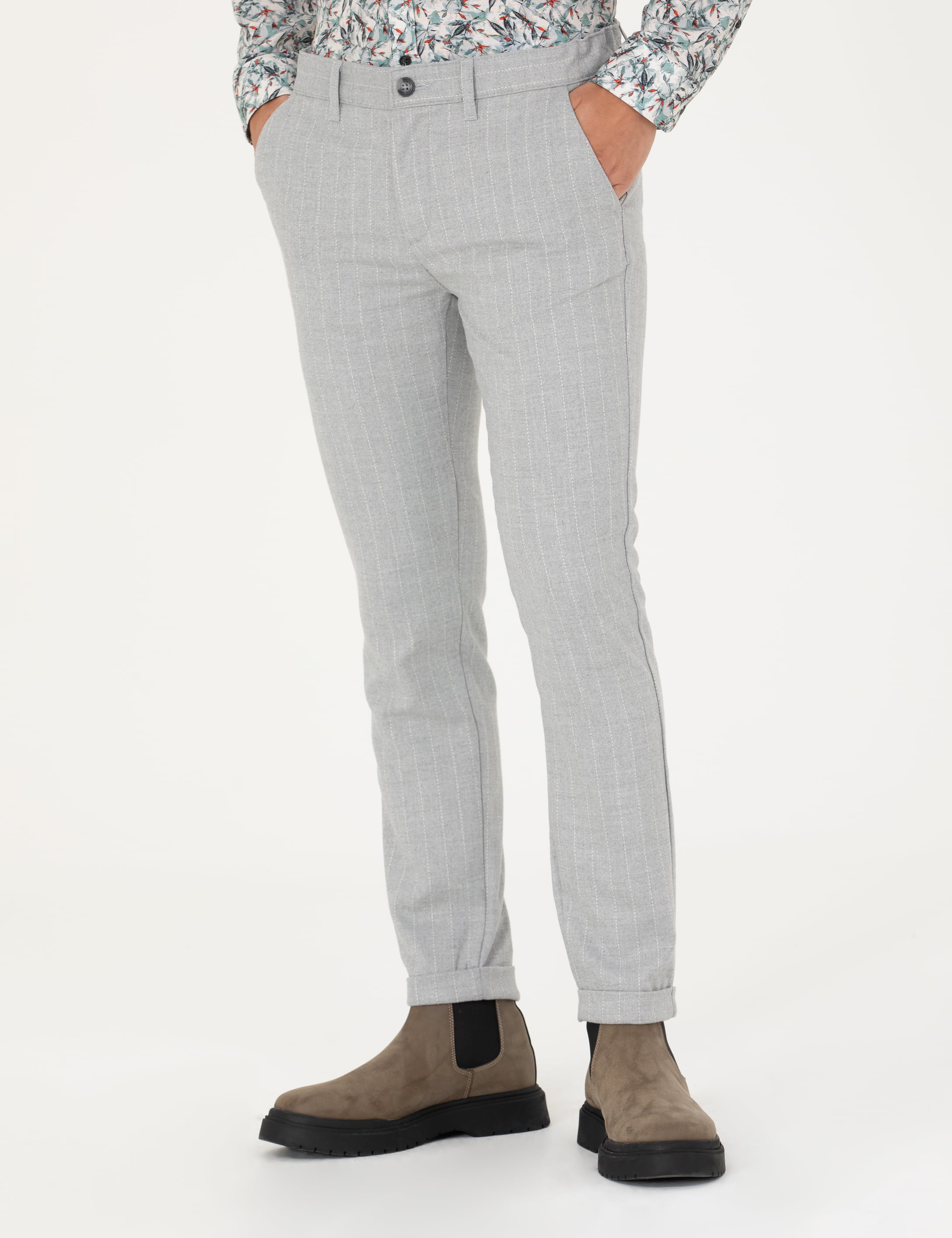Gri Slim Fit Çizgili Kanvas Pantolon - Image 2