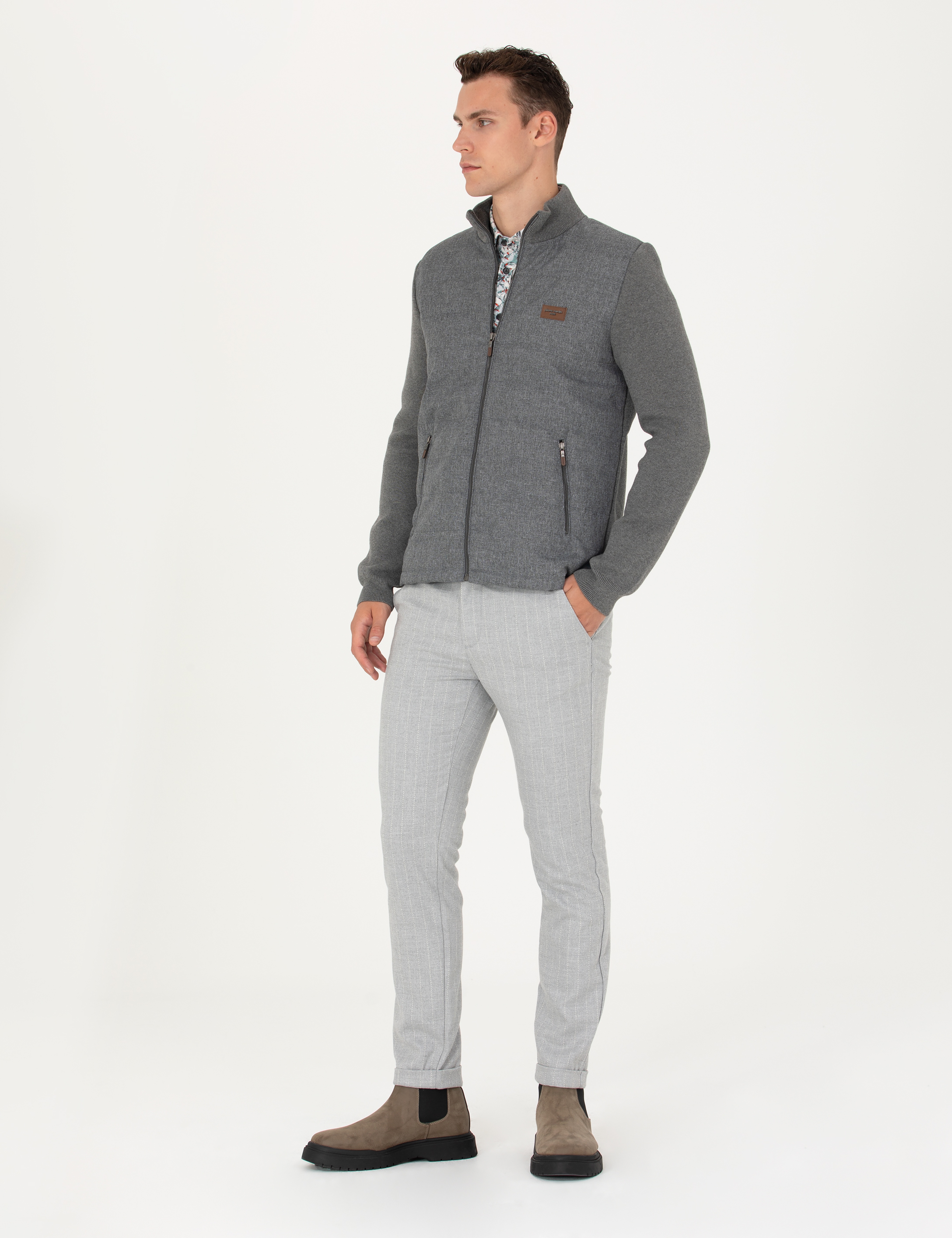 Gri Slim Fit Çizgili Kanvas Pantolon