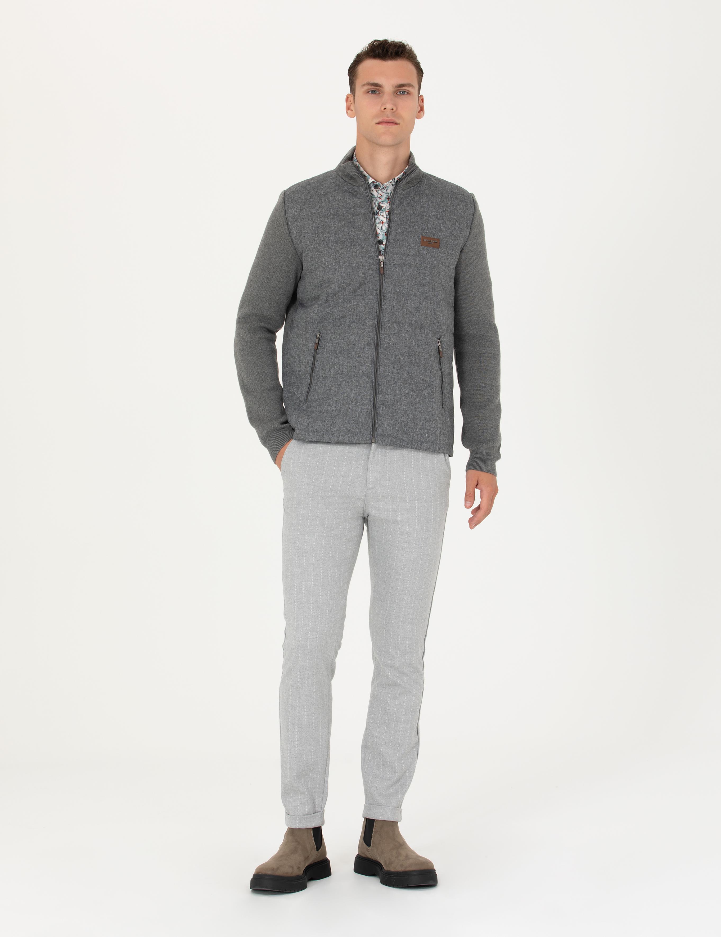 Gri Slim Fit Çizgili Kanvas Pantolon