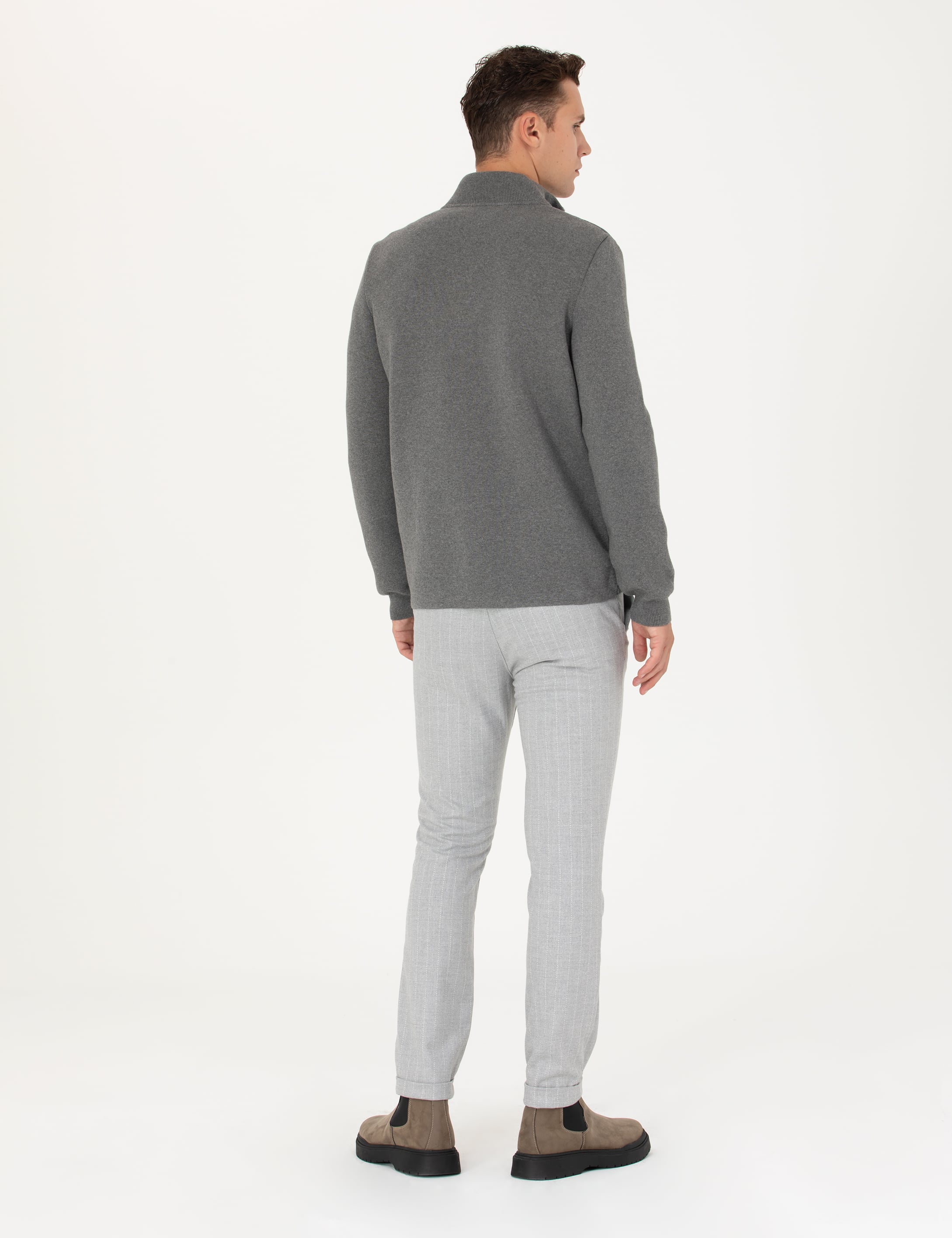 Gri Slim Fit Çizgili Kanvas Pantolon - Image 4