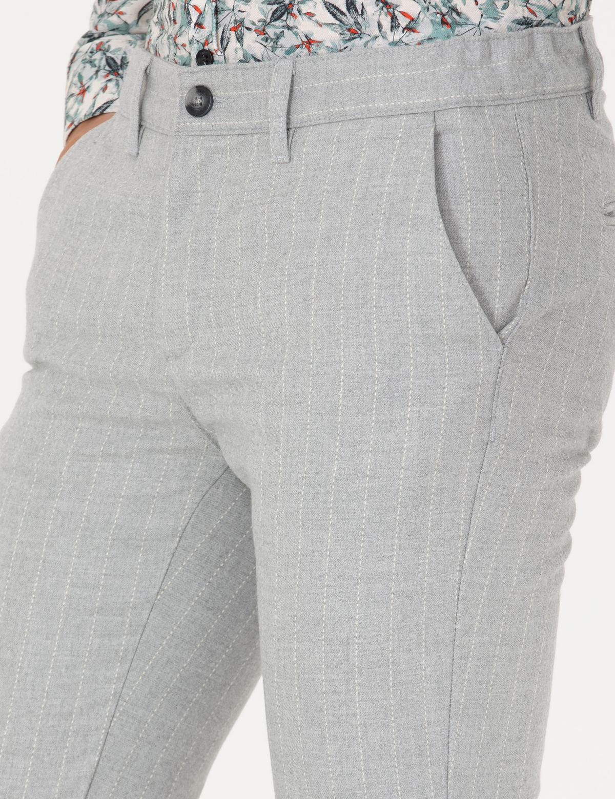 Gri Slim Fit Çizgili Kanvas Pantolon - 50278471062