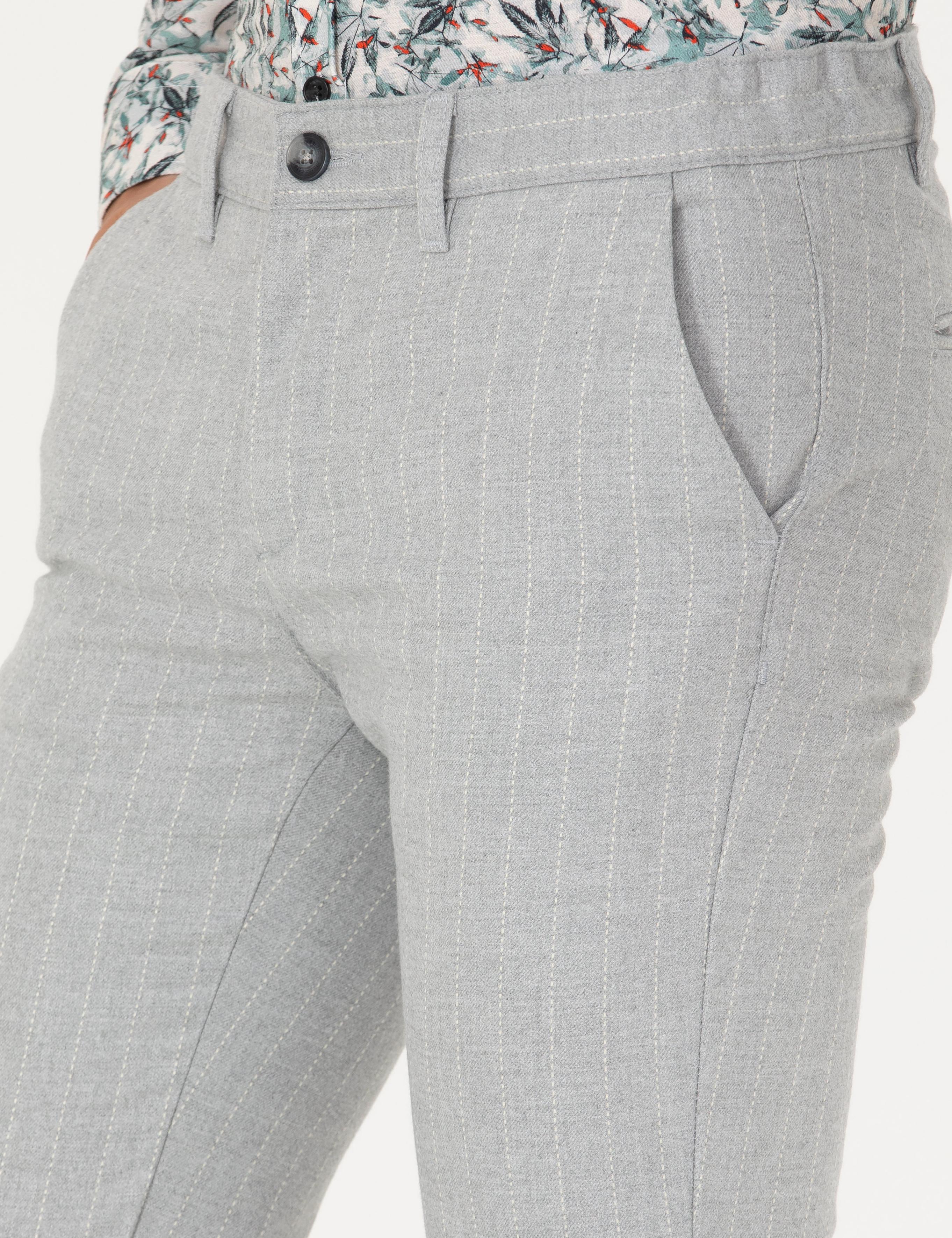 Gri Slim Fit Çizgili Kanvas Pantolon